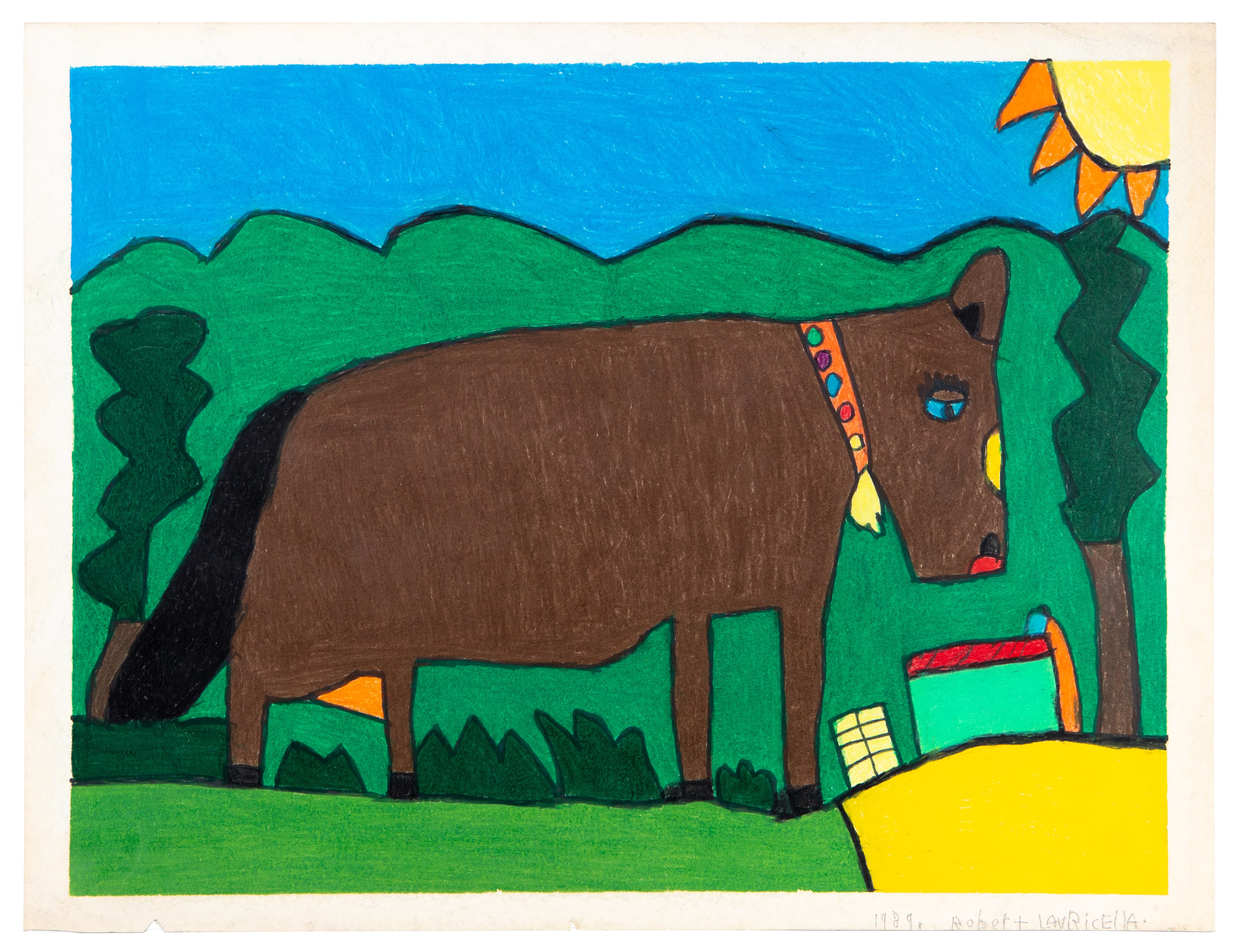Drawing of brown horse with decorative bridle in green landscape with yellow sun, ink and pastel on paper