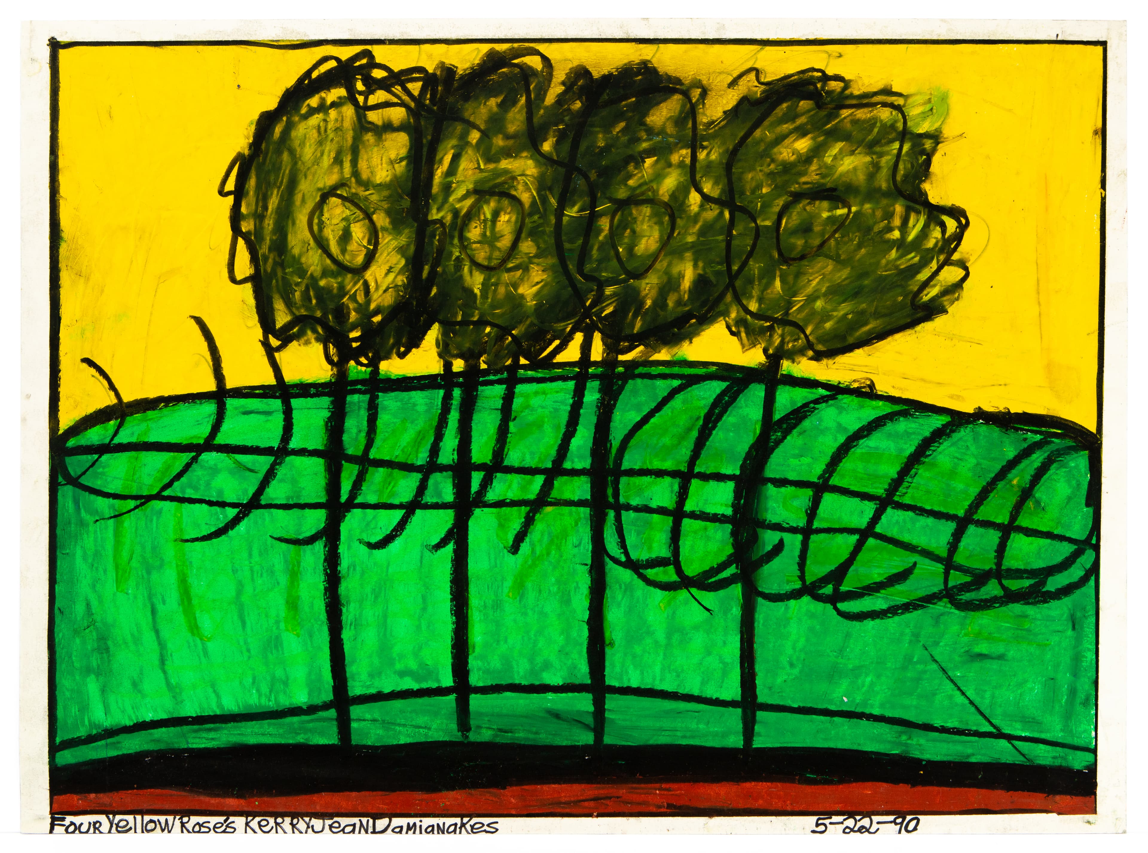 Drawing of four trees with dense foliage on green ground against yellow sky, black marker and pastel on paper