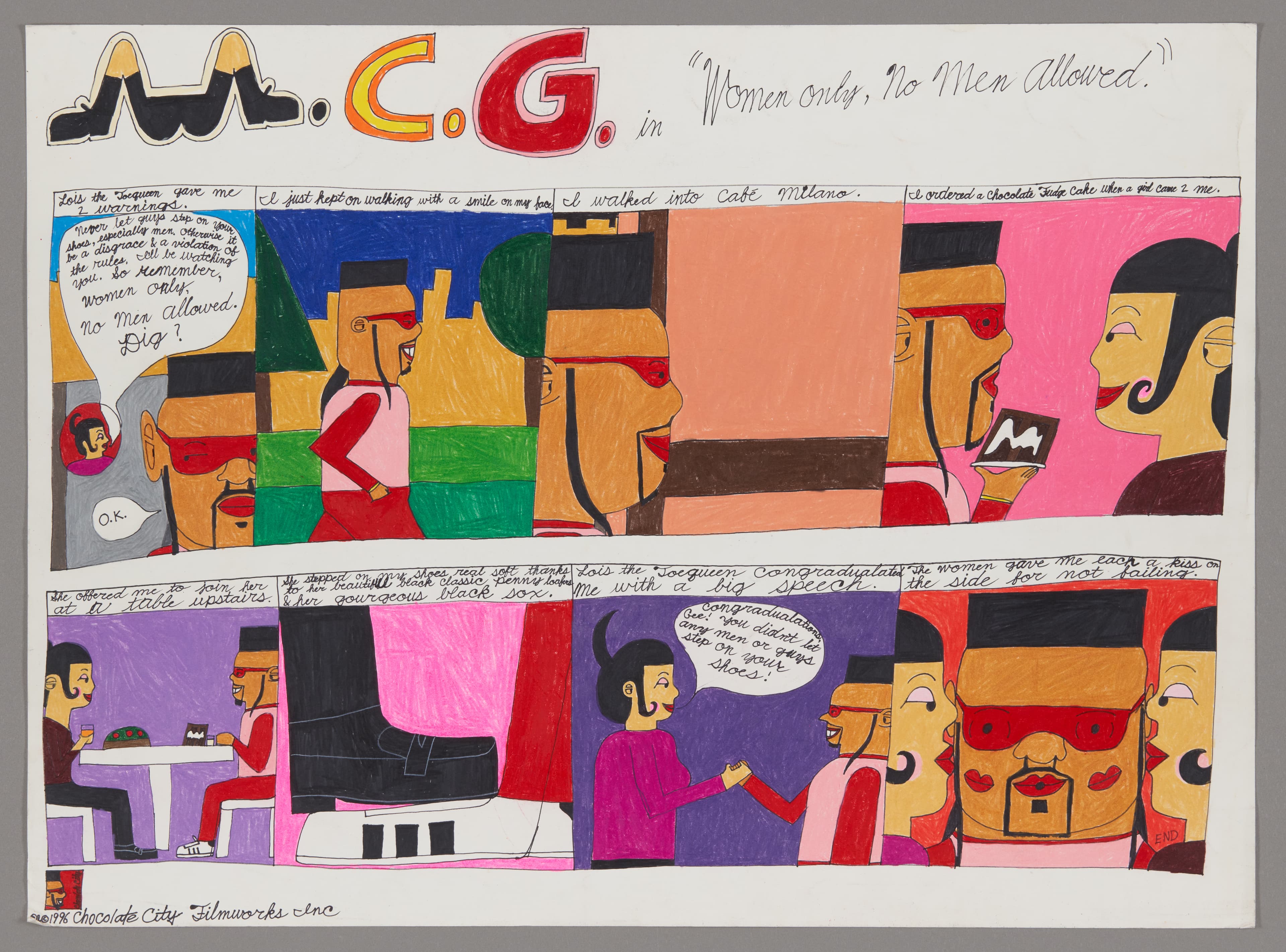 Comic strip artwork with colorful panels showing stylized figures in conversation, mixed media on paper