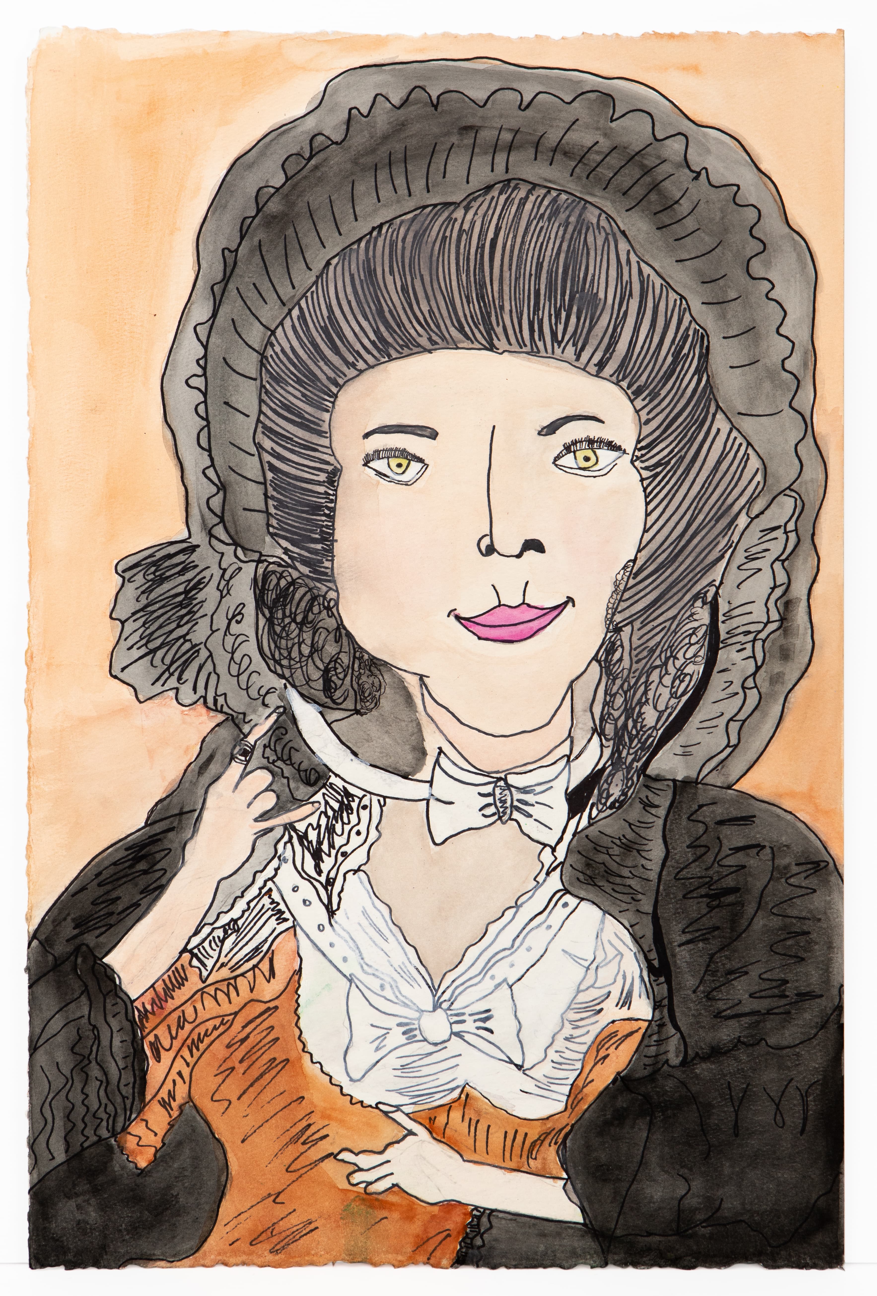 Portrait drawing of figure in Victorian-era dress with ruffled bonnet, ink and watercolor on paper