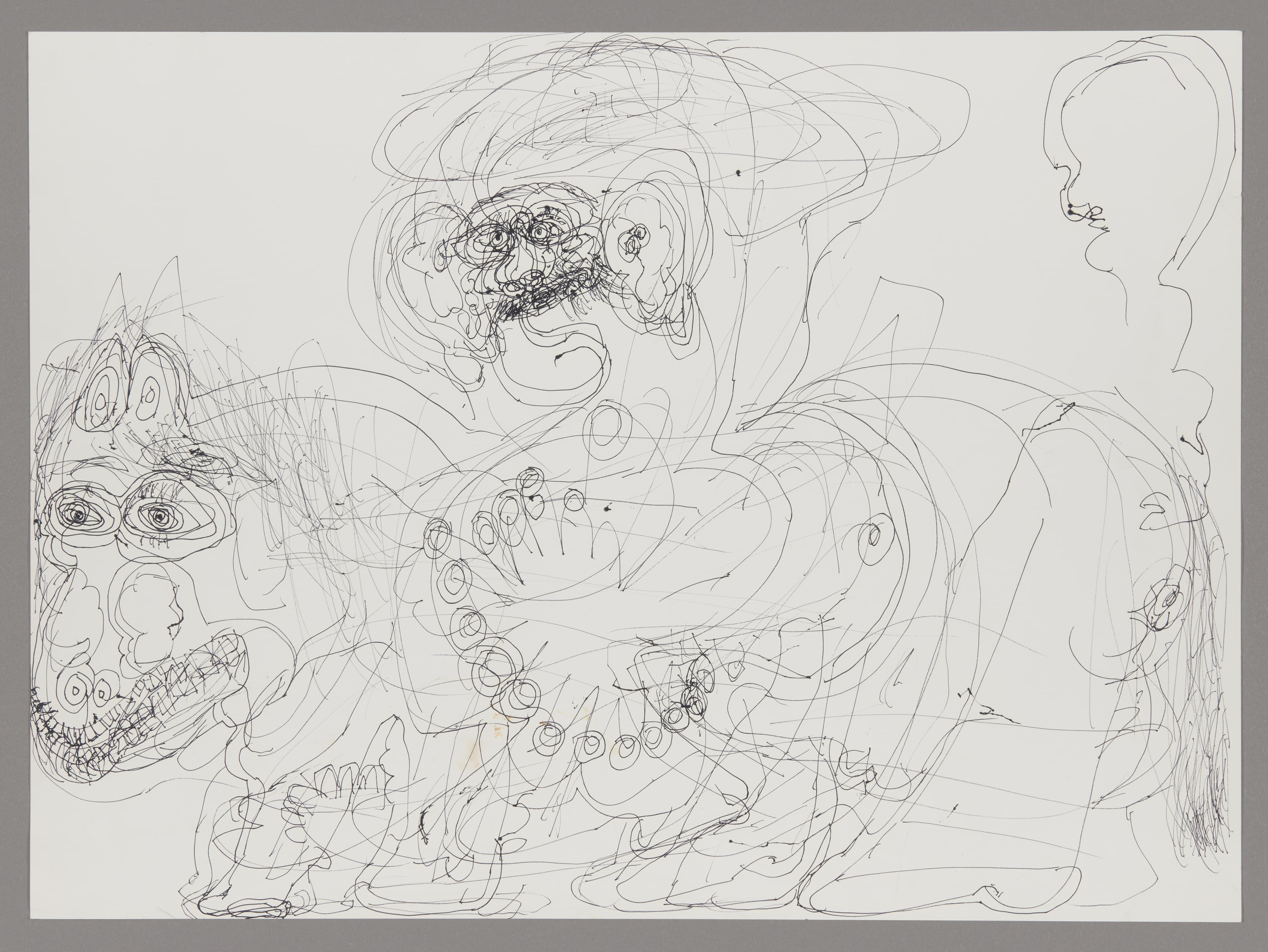 Ink drawing on paper featuring multiple human figures and faces with flowing, curvilinear lines and swirling forms