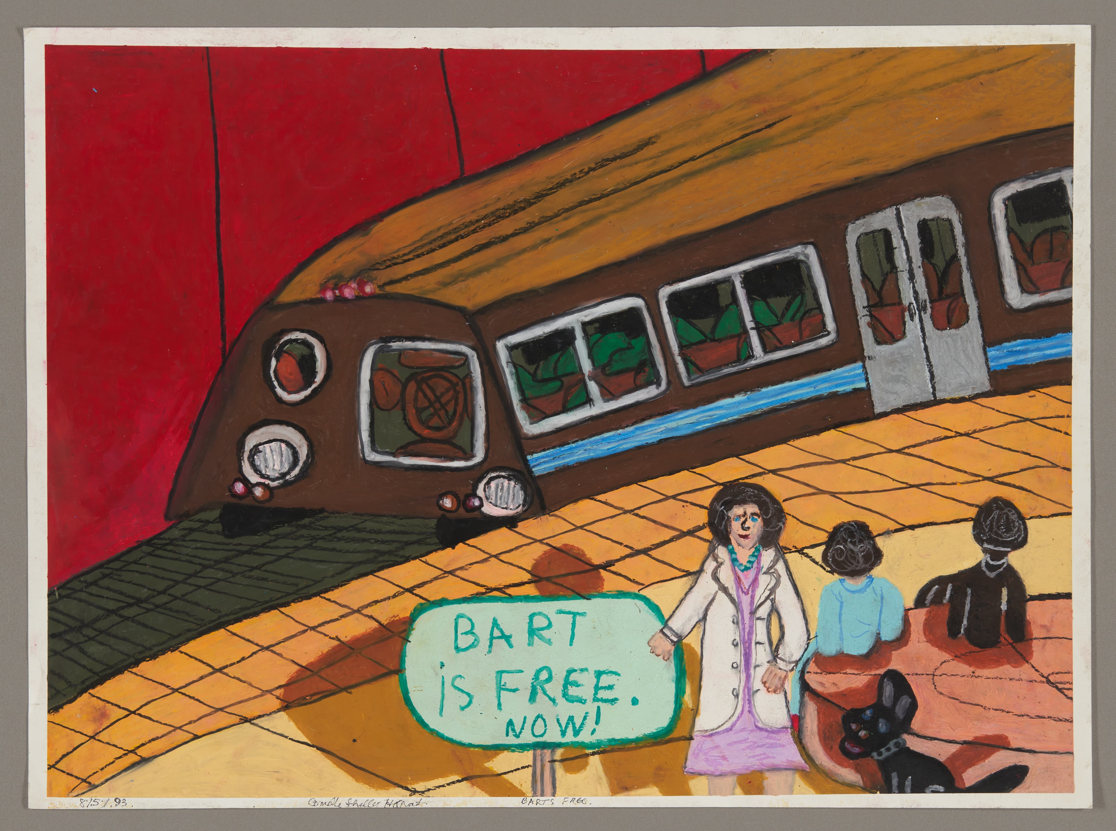 Oil pastel drawing of BART train at station platform with figures and speech bubble saying 'BART IS FREE NOW!'