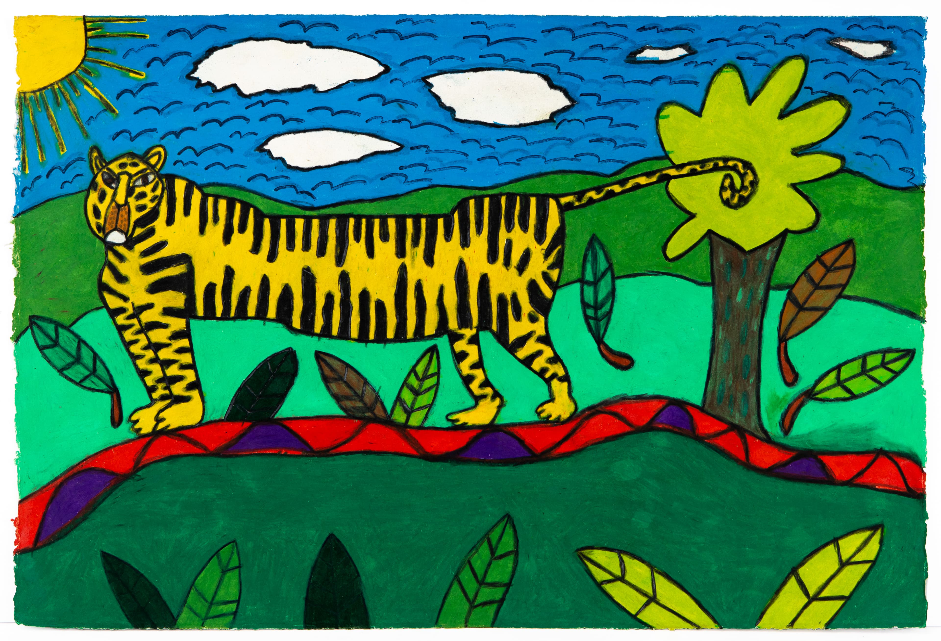 Colorful drawing of yellow tiger with black stripes in tropical landscape, ink and pastel on paper