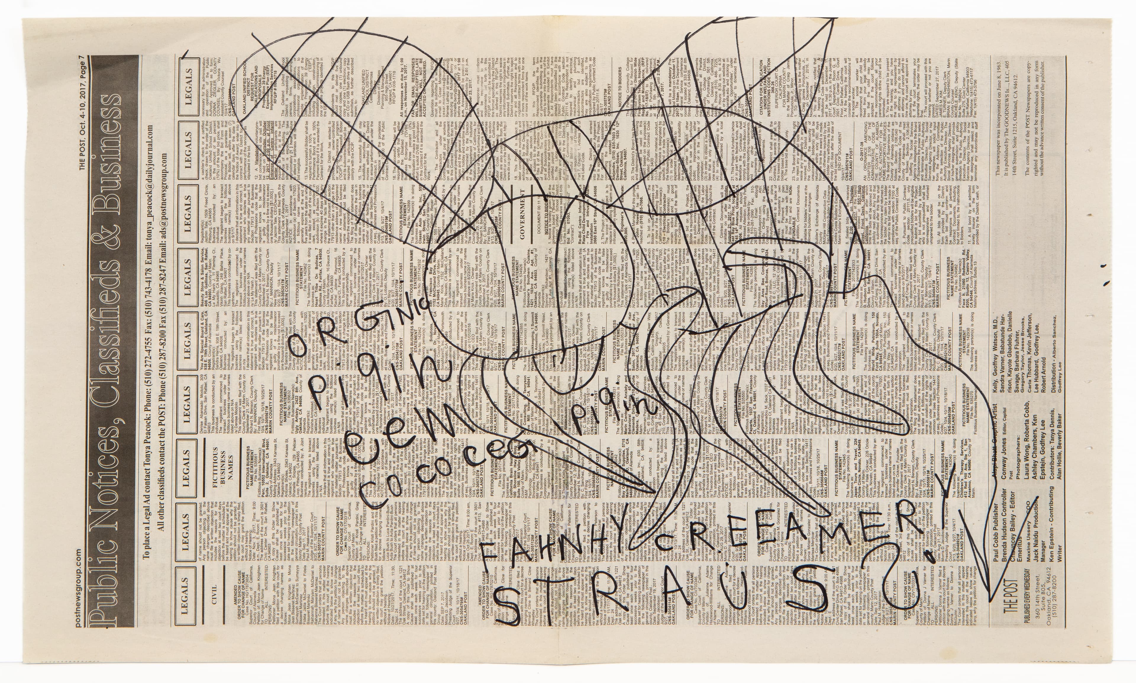 Mixed media drawing on newspaper with flowing line work and text including 'DREAMER' and 'STRAUSS'