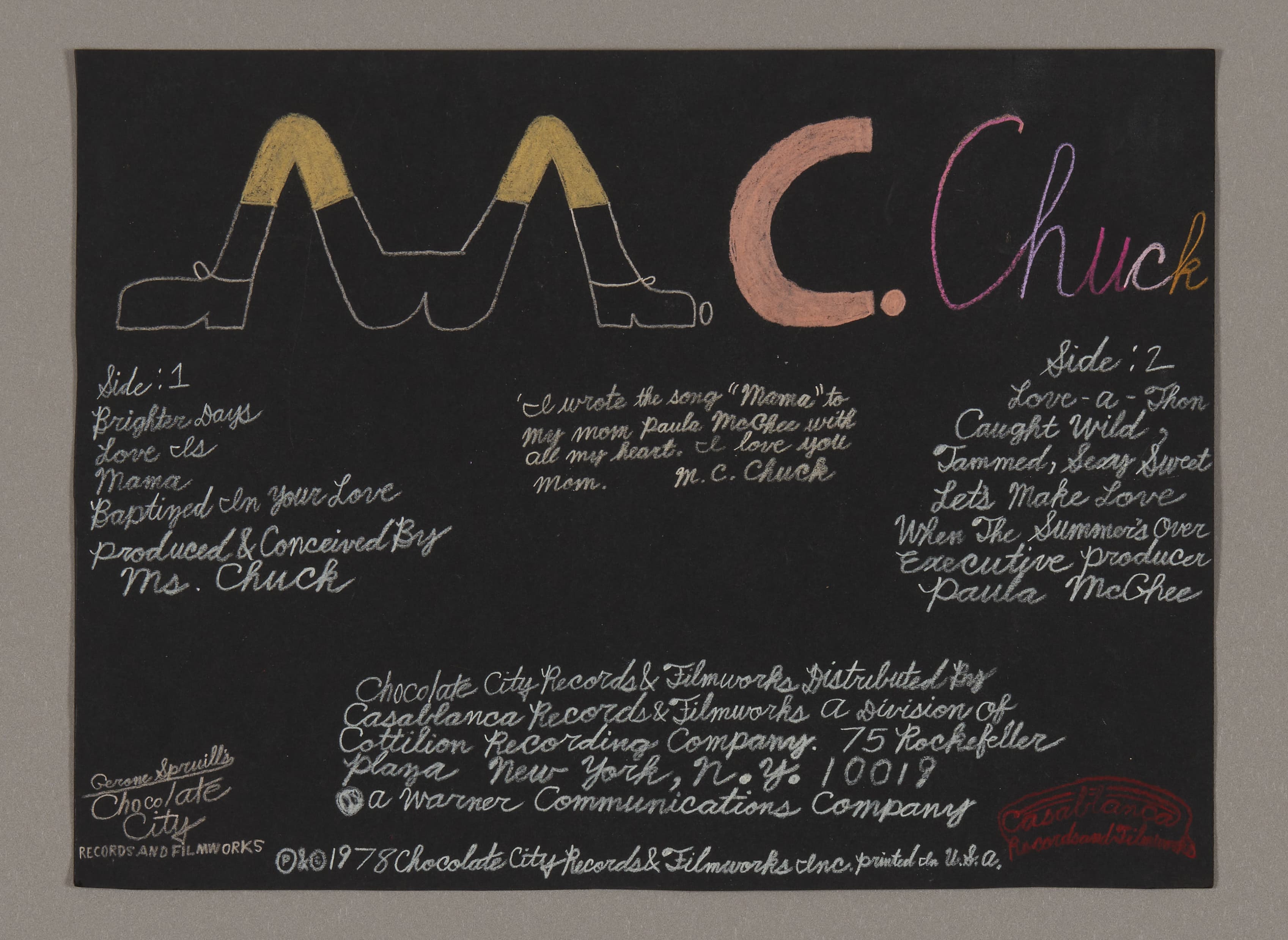 Album cover design in colored pencil showing 'M.C. Chuck' with golden arched letters and track listings on black background