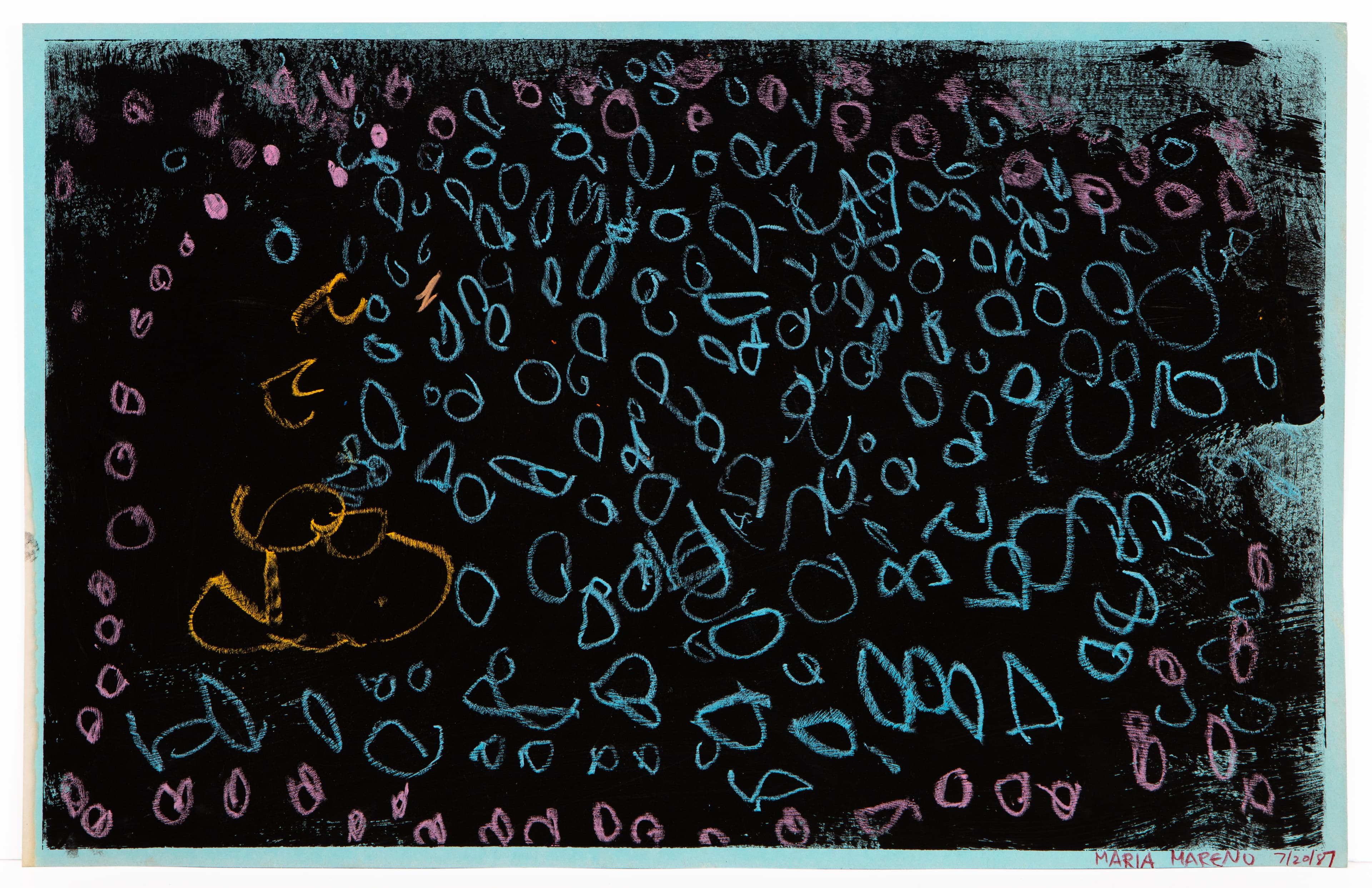 Mixed media artwork with colorful organic shapes scattered across dark background, featuring yellow, blue, and pink forms