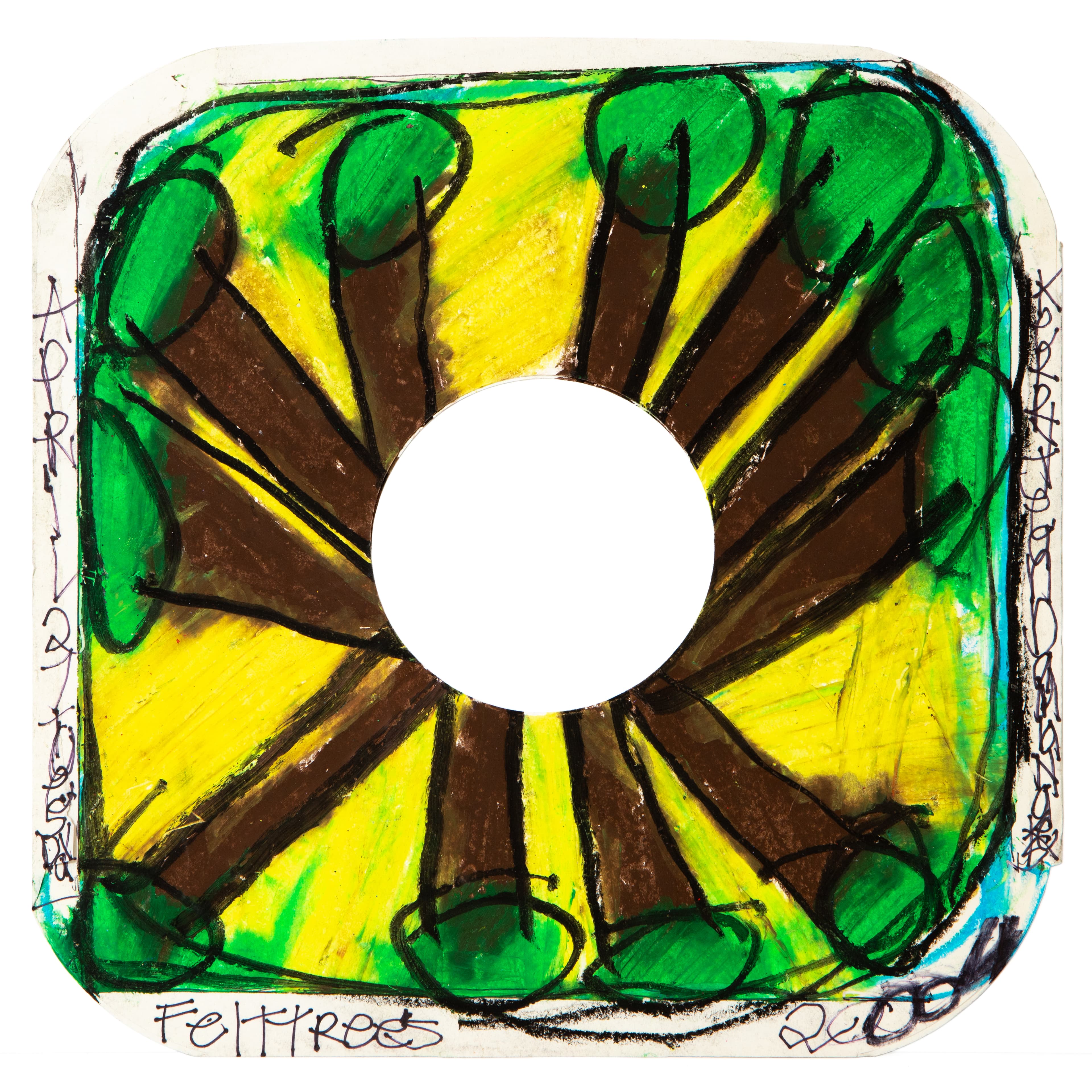 Mixed media artwork on record sleeve showing radiating brown petals around white center, green and yellow background