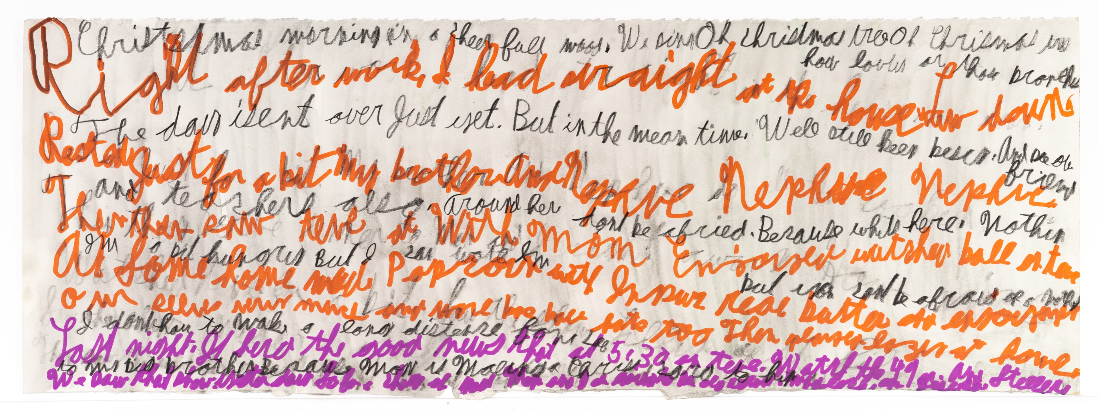 Handwritten text artwork with orange and purple ink on white paper, featuring cursive script in multiple lines