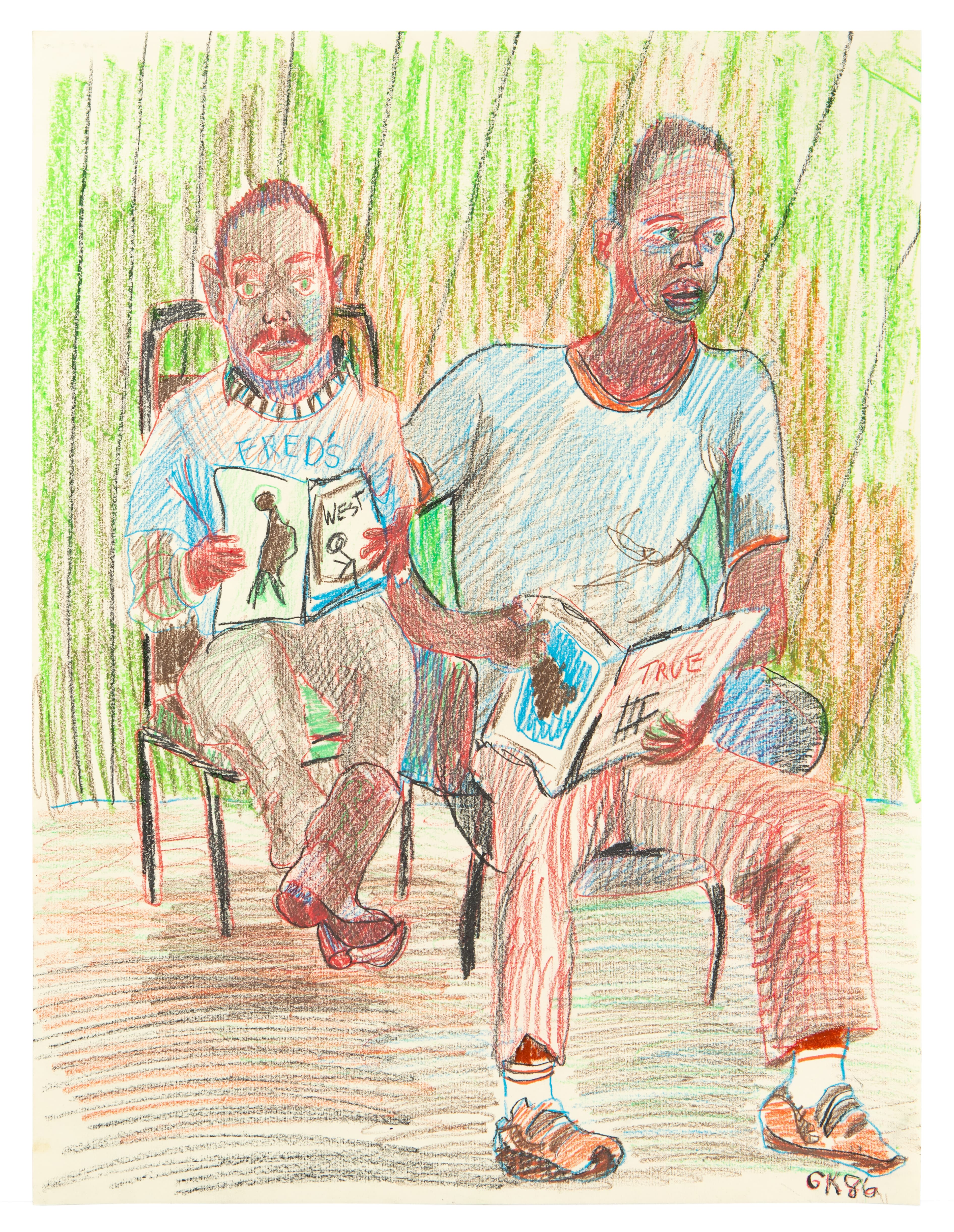Colored pencil drawing of two people sitting on chairs, one holding books, against a green streaked background