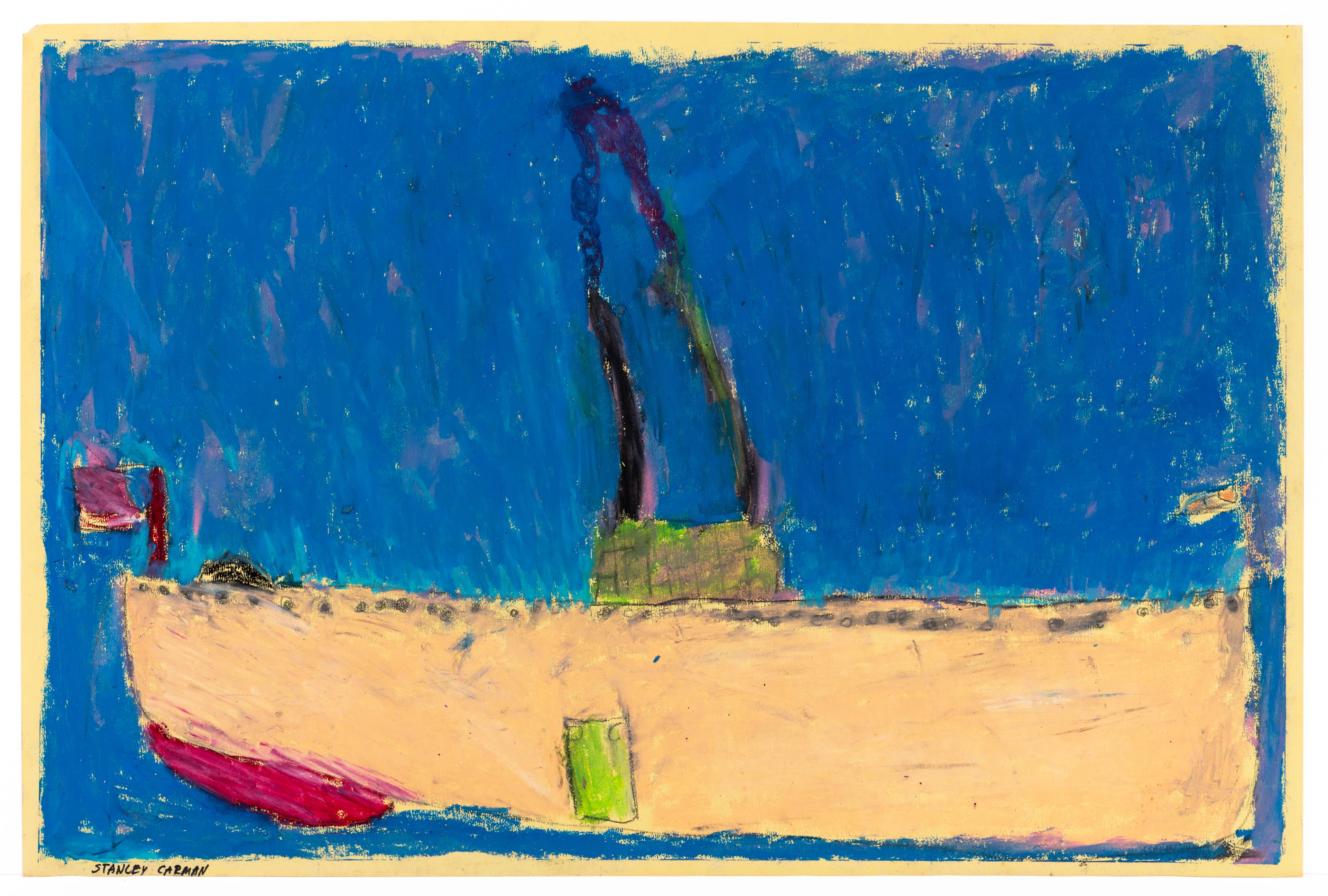 Pastel drawing of a white boat with two smokestacks on blue water, yellow border