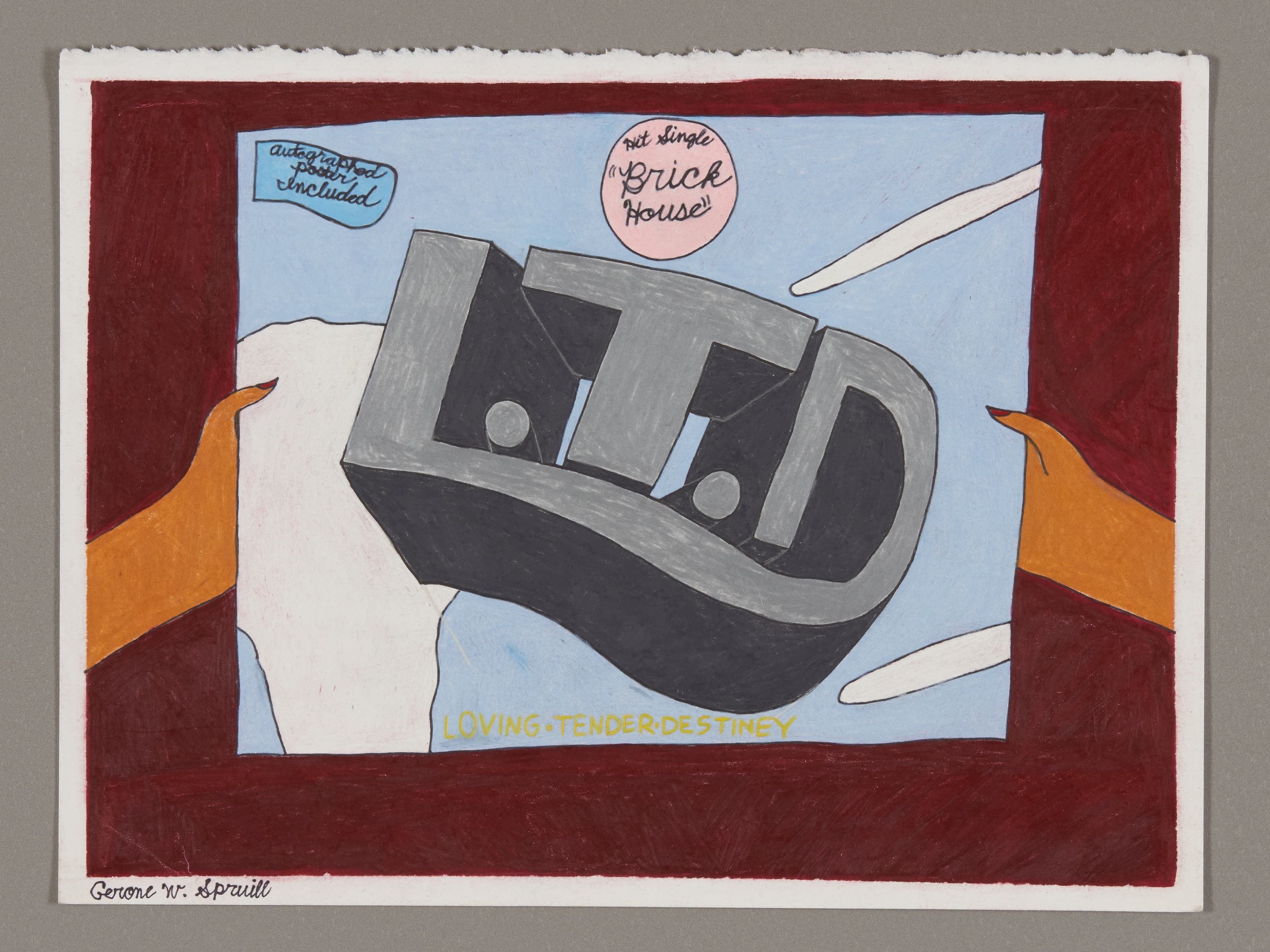 Mixed media drawing of hands holding a gray viewfinder device against blue sky with red border