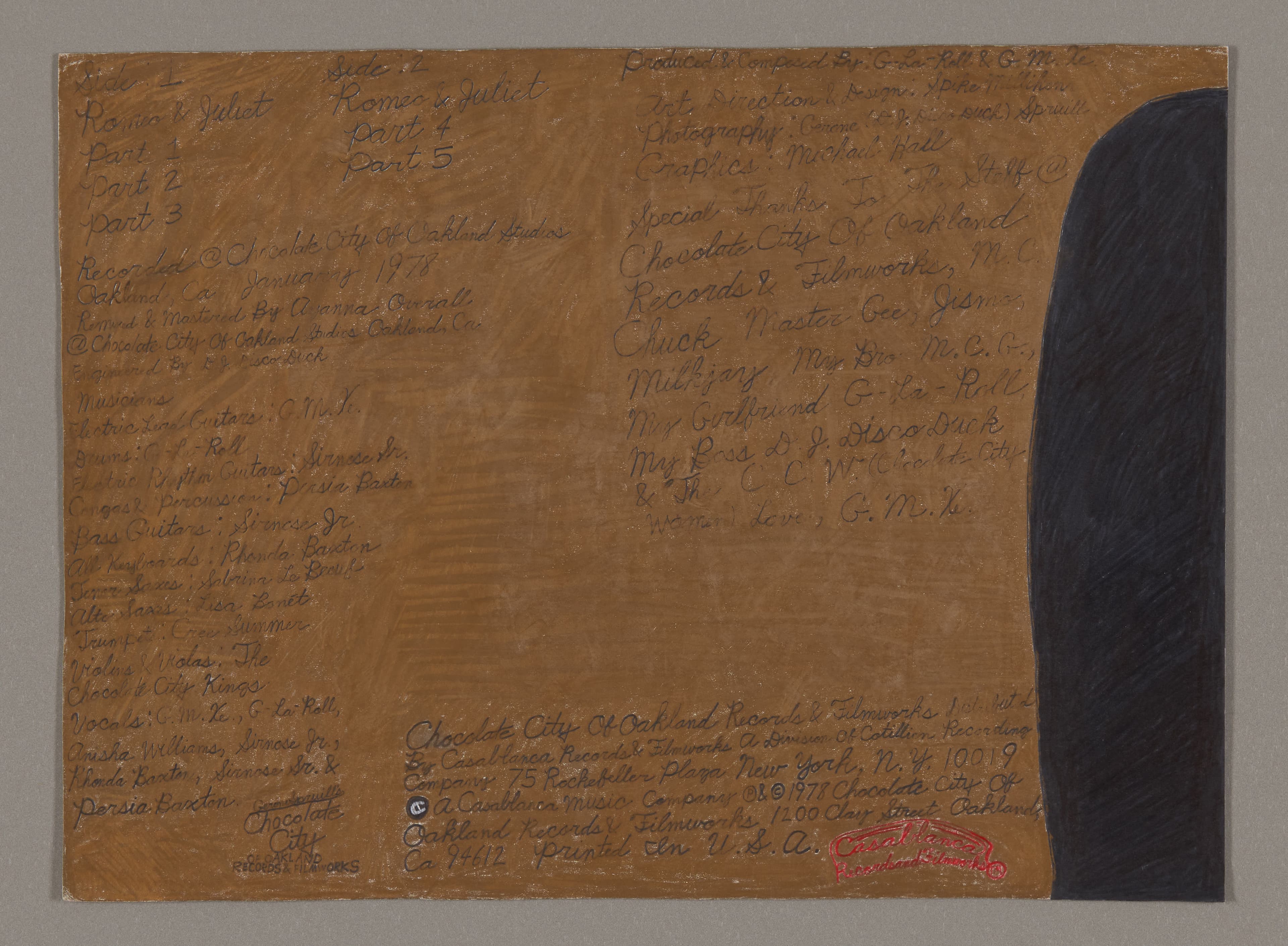 Mixed media artwork with handwritten text covering brown paper surface and dark vertical band on right edge