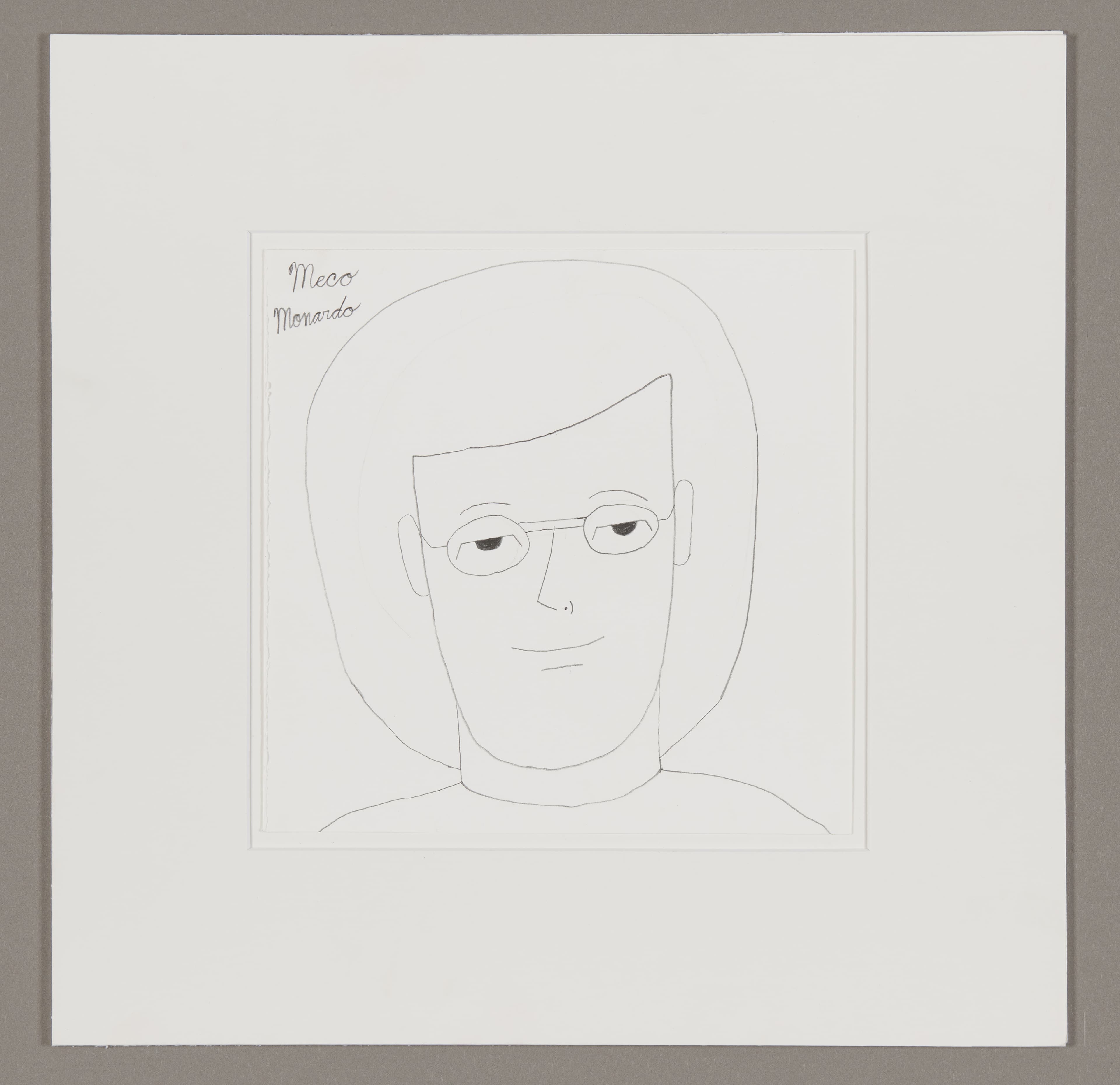Graphite drawing of a portrait showing a person with shoulder-length hair and glasses in simple line work