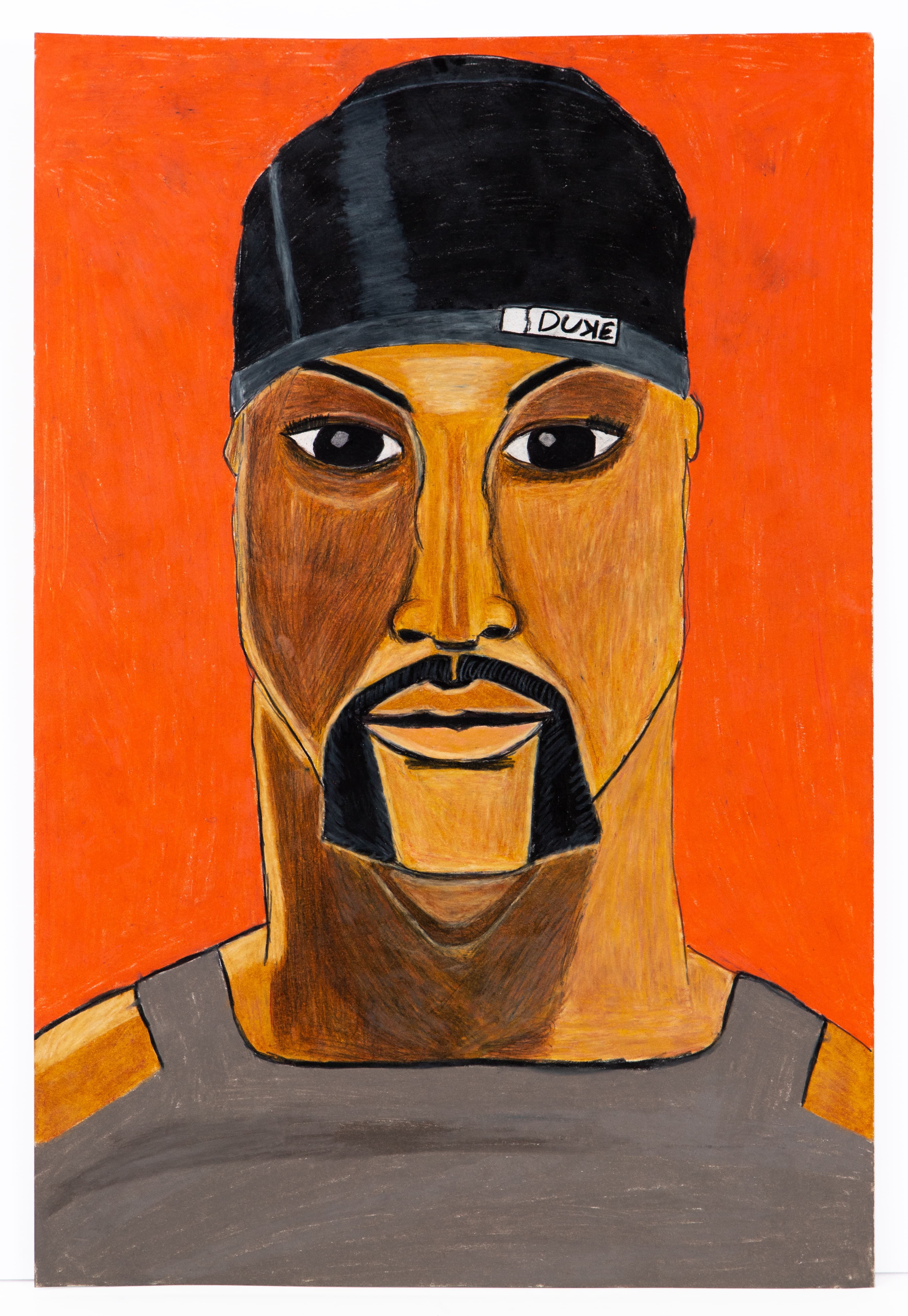 Portrait drawing in colored pencil showing a figure wearing a black beanie with 'DUDE' label against bright orange background
