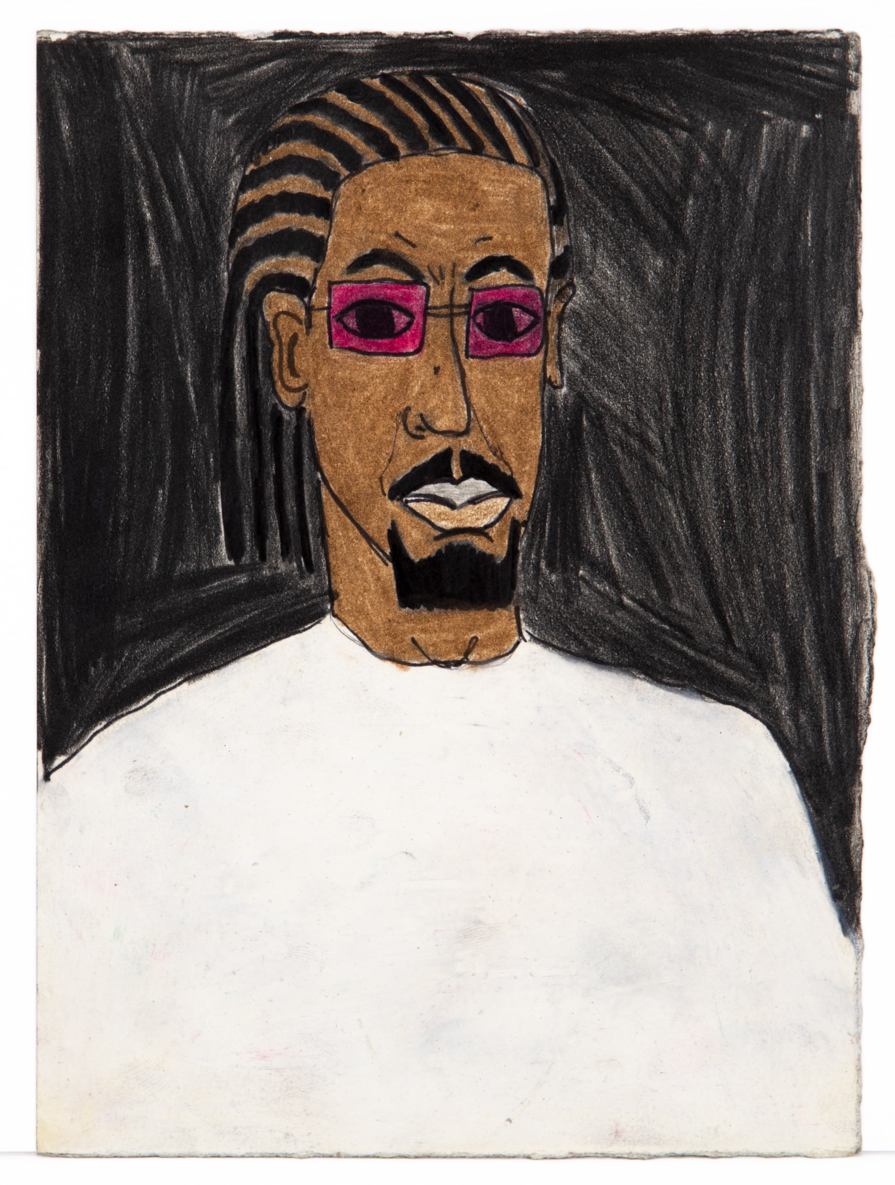 Portrait drawing in colored pencil showing a figure with dreadlocks wearing pink-framed glasses and white shirt