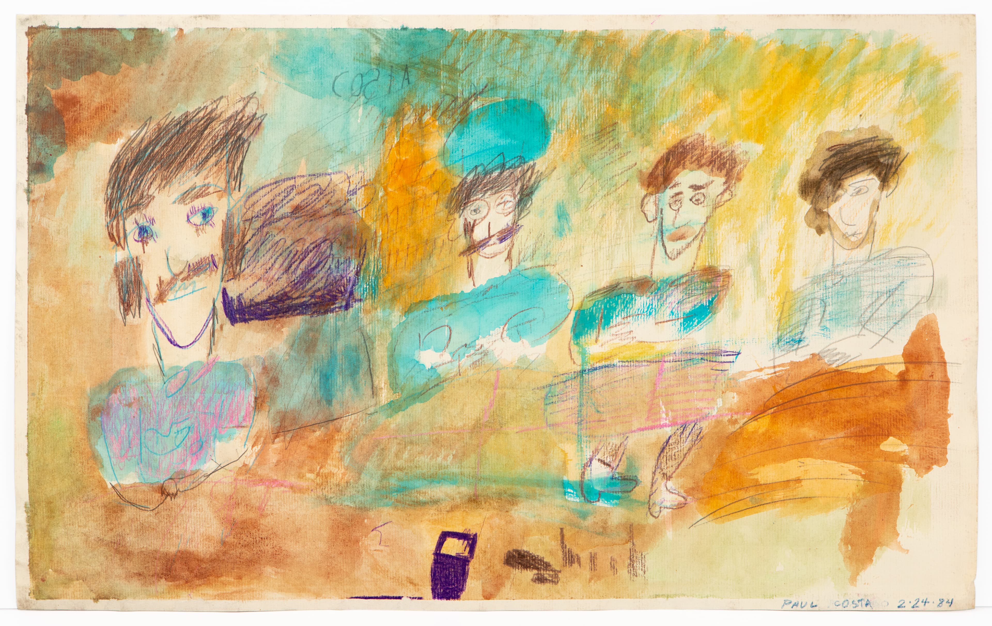 Watercolor and pencil drawing of four seated figures with loose, expressive brushwork in blues, oranges, and yellows