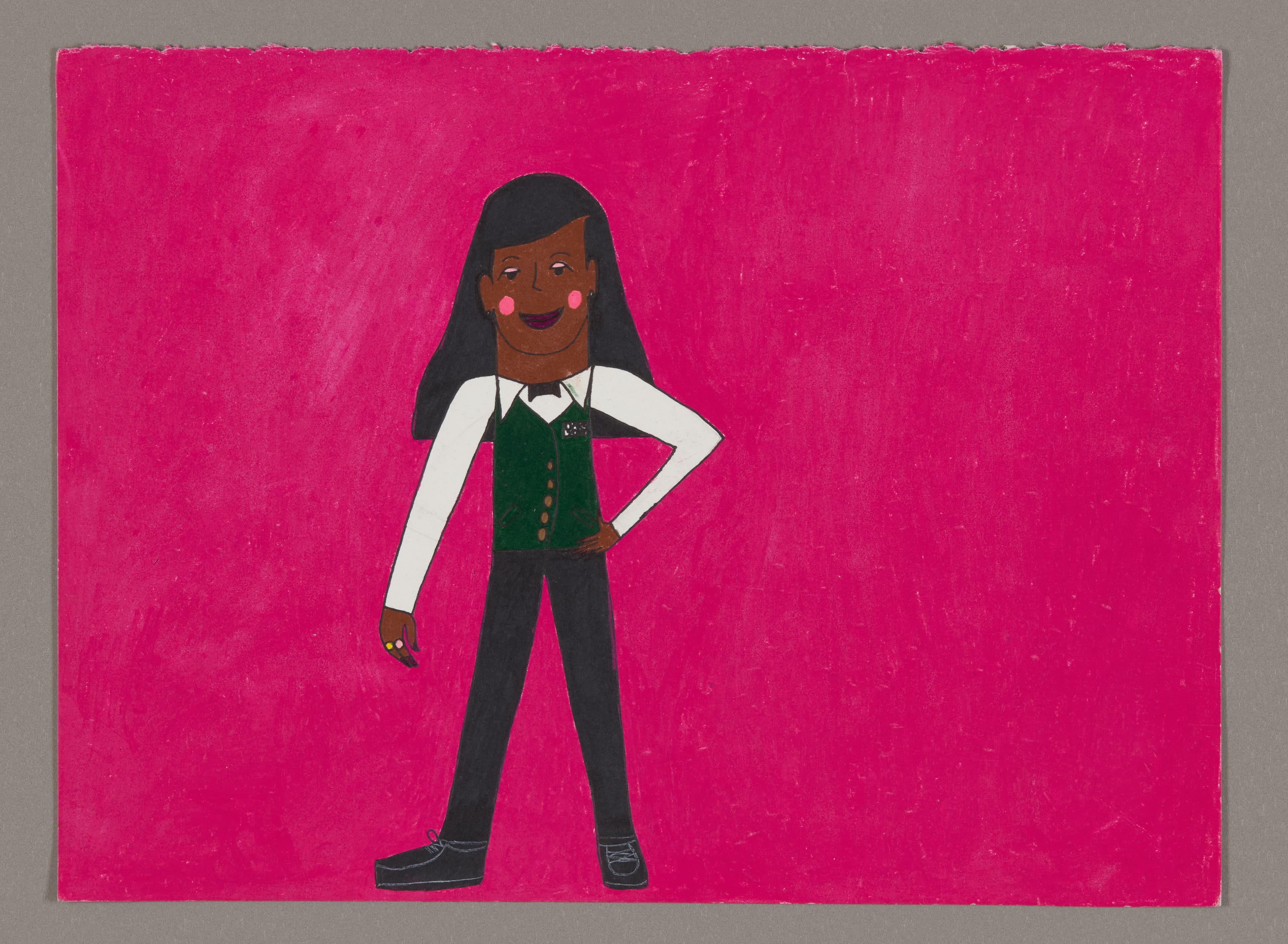 Drawing of a figure in formal vest and white shirt on bright pink background, color stix and colored pencil on paper