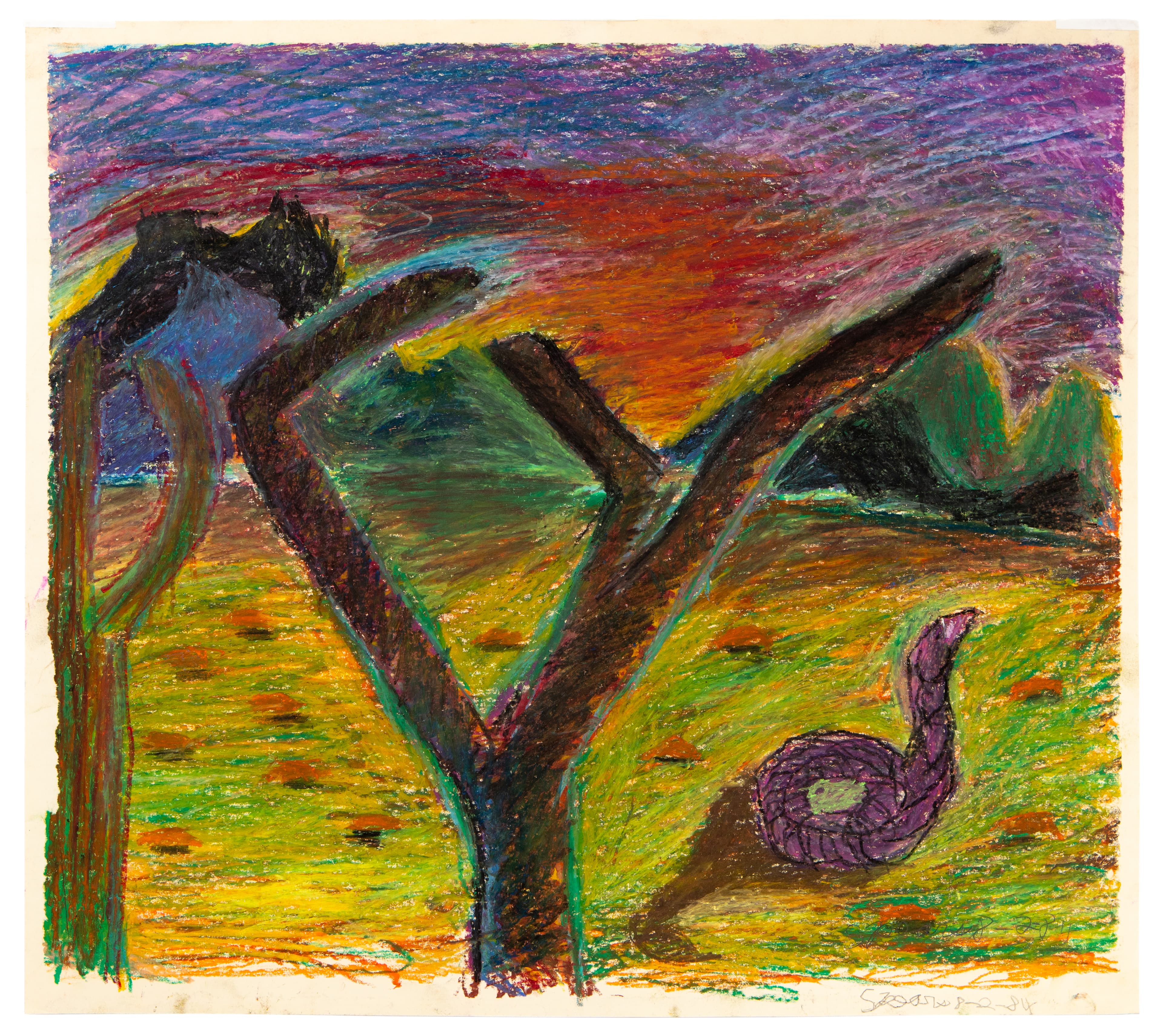 Abstract drawing with bold tree form and spiral shape in oil pastel on paper