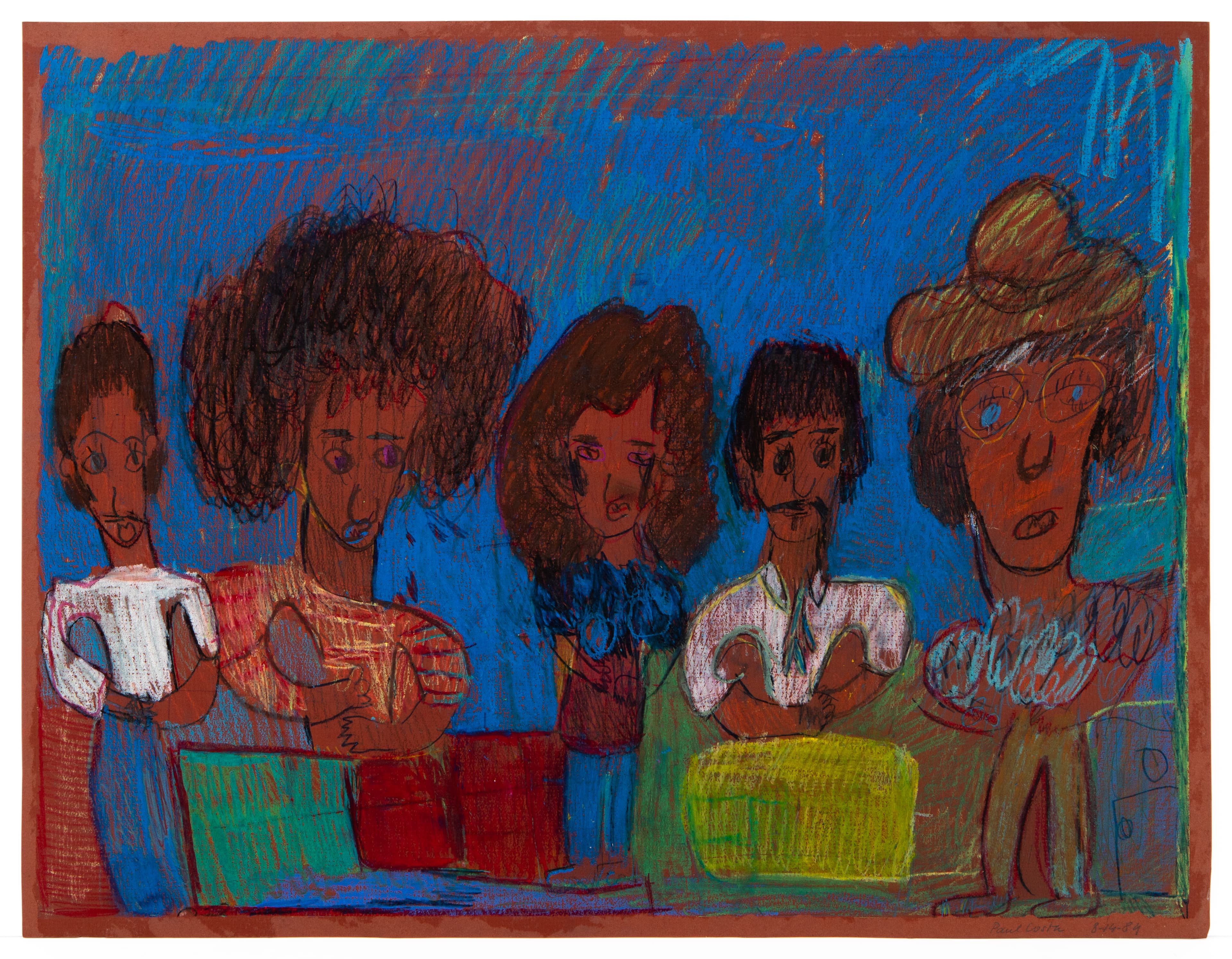Colored pencil drawing of five figures with brown hair standing behind colorful rectangular shapes on blue background