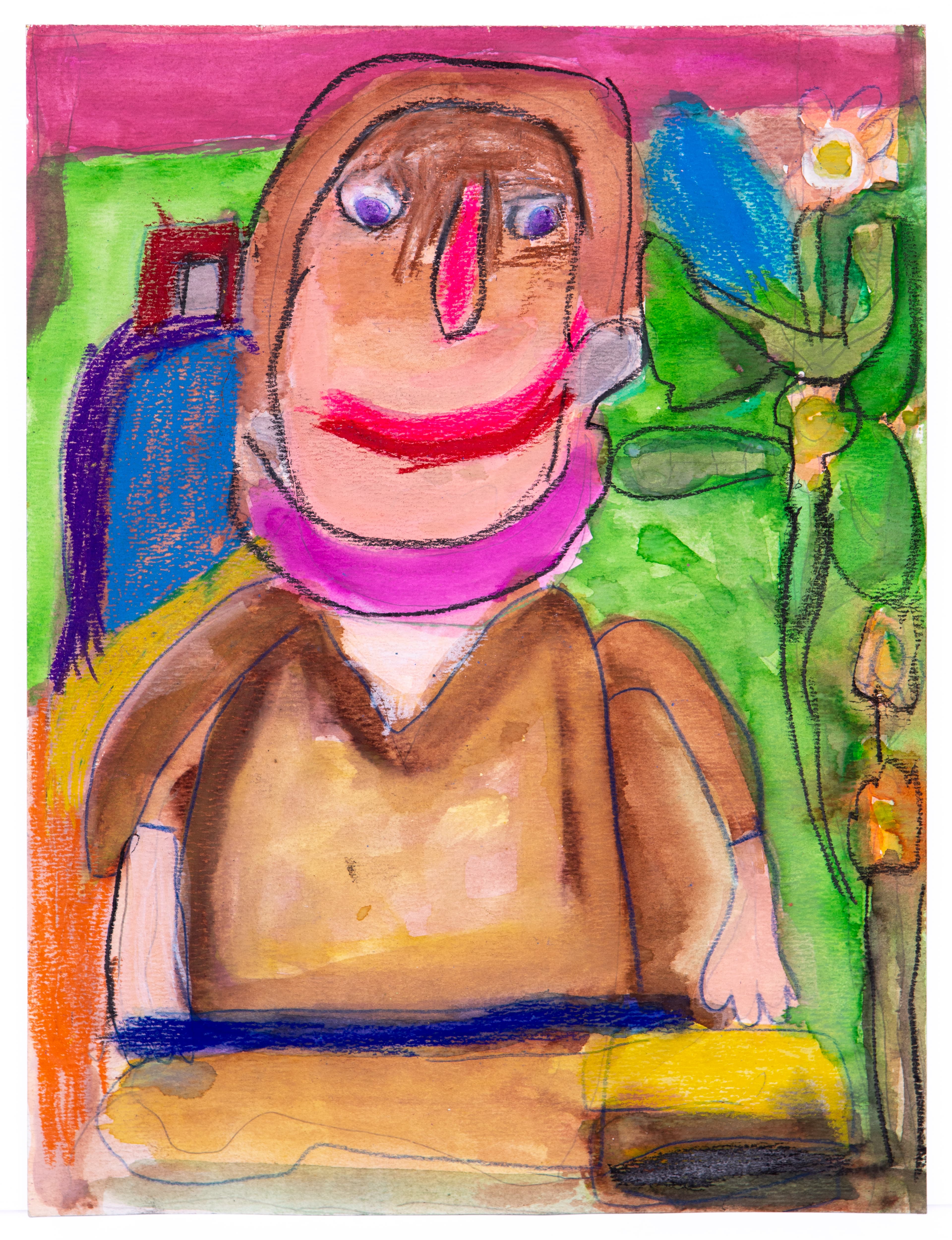 Watercolor pencil drawing of a smiling figure with brown hair in brown clothing against colorful background