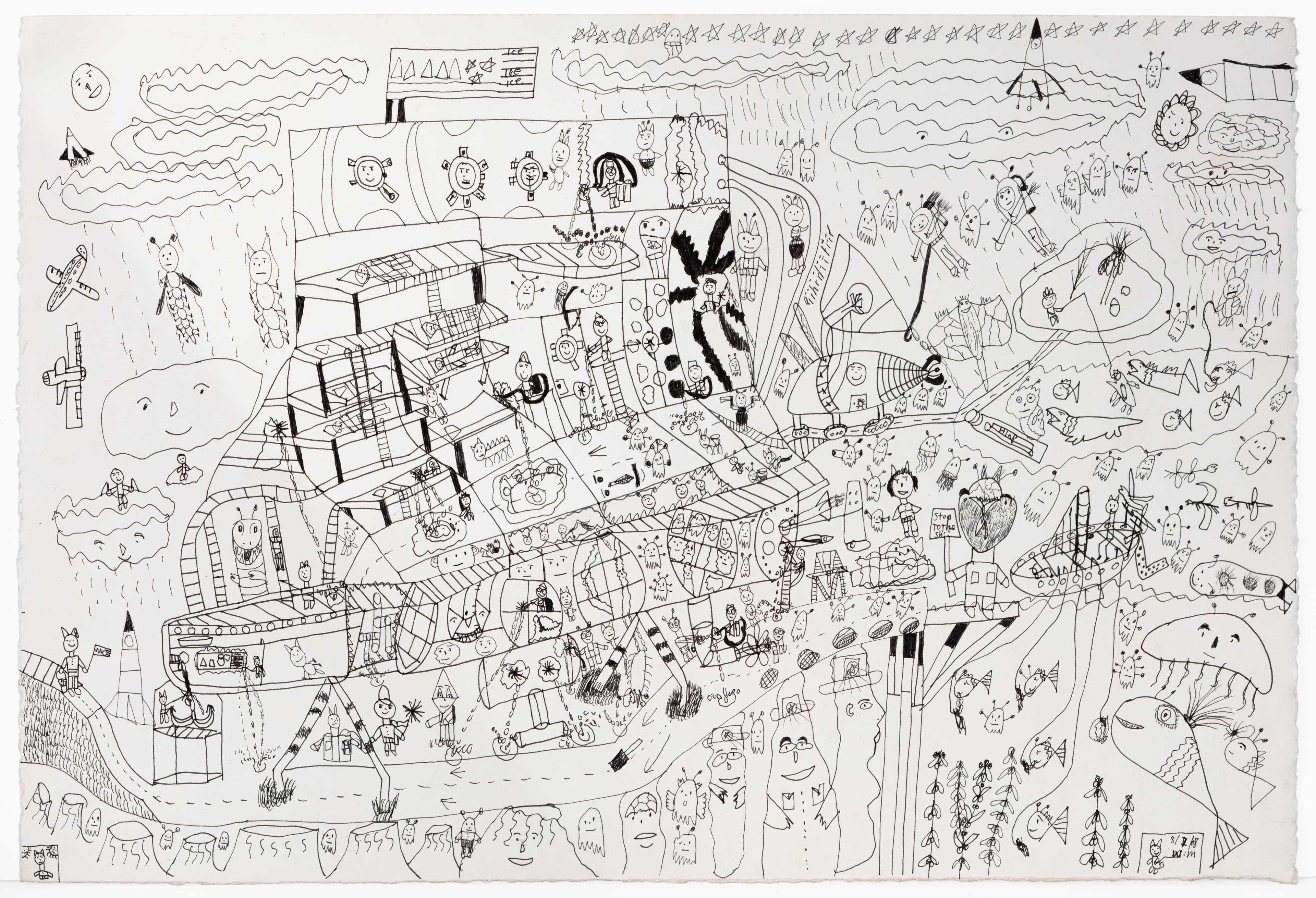 Detailed ink drawing on paper featuring dense composition of buildings, vehicles, figures, and abstract elements