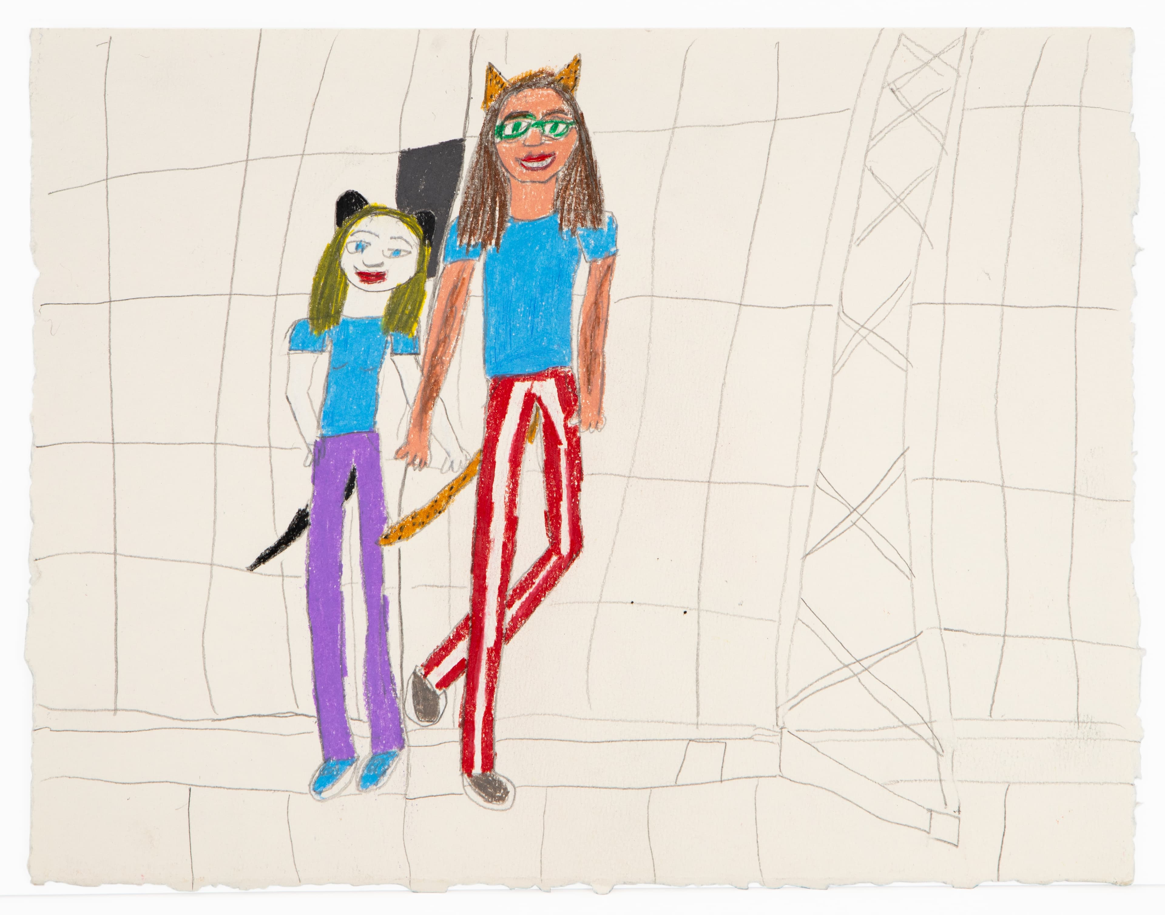 Colored pencil drawing of two figures holding hands on a grid background