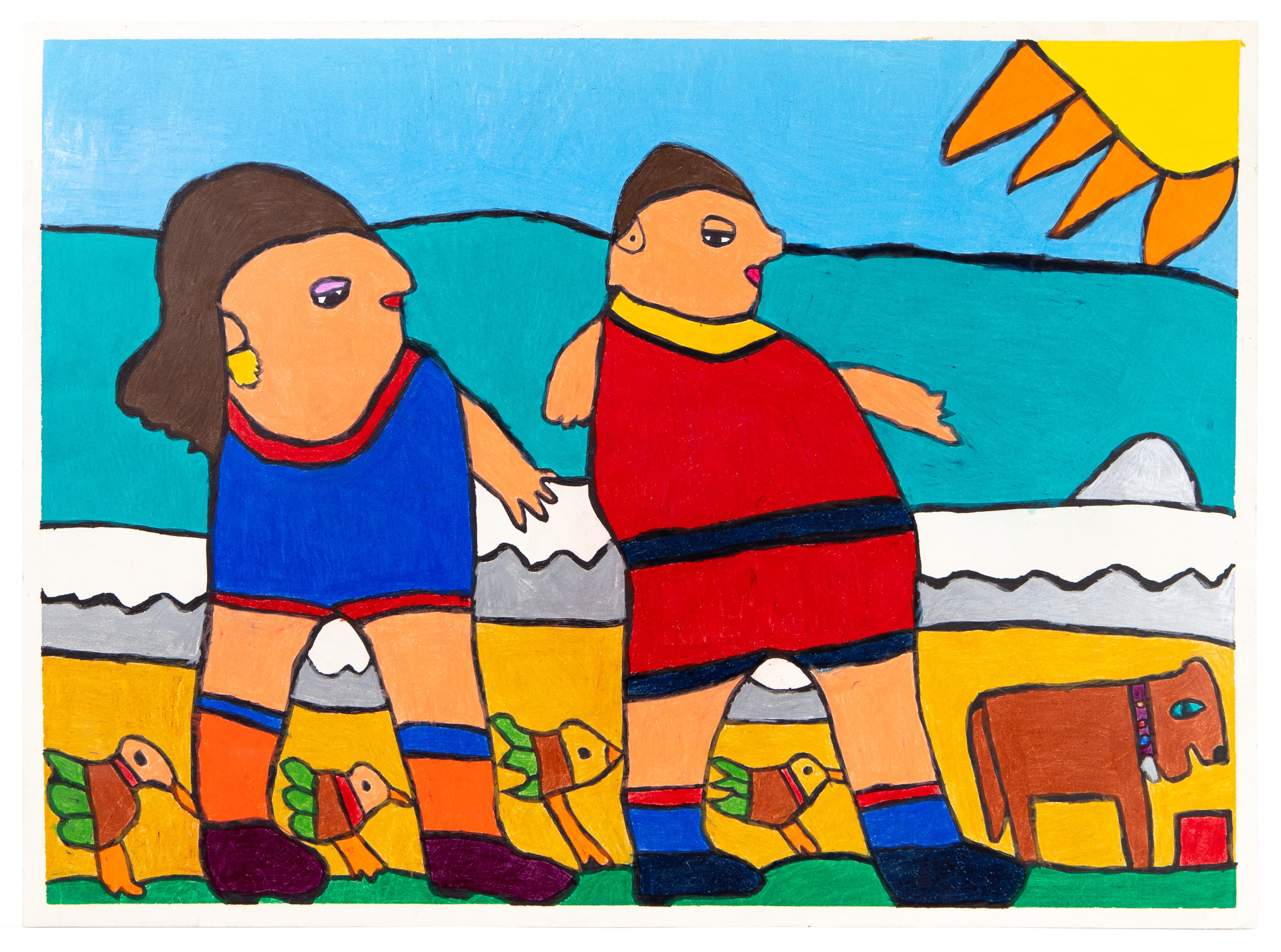 Colorful drawing of two figures walking on beach with geometric animals below, ink and pastel on paper