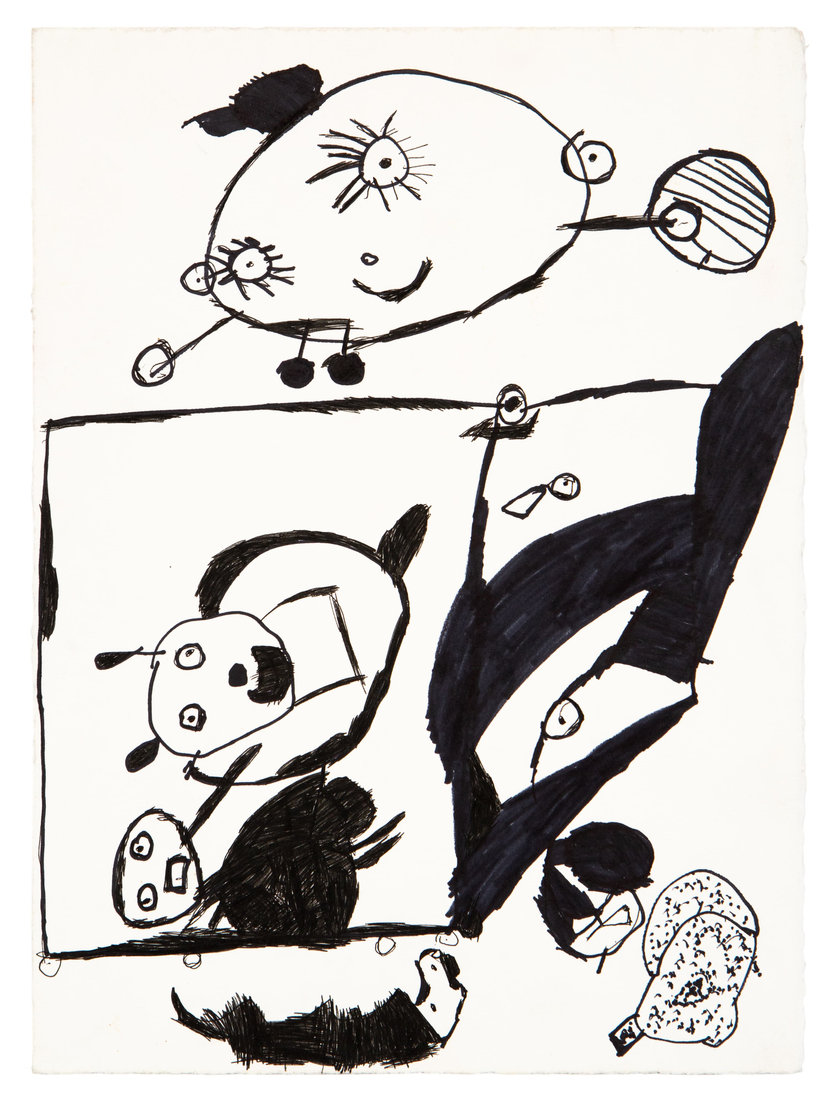 Ink drawing on paper featuring whimsical cartoon-like figures with round faces and simple features in black lines