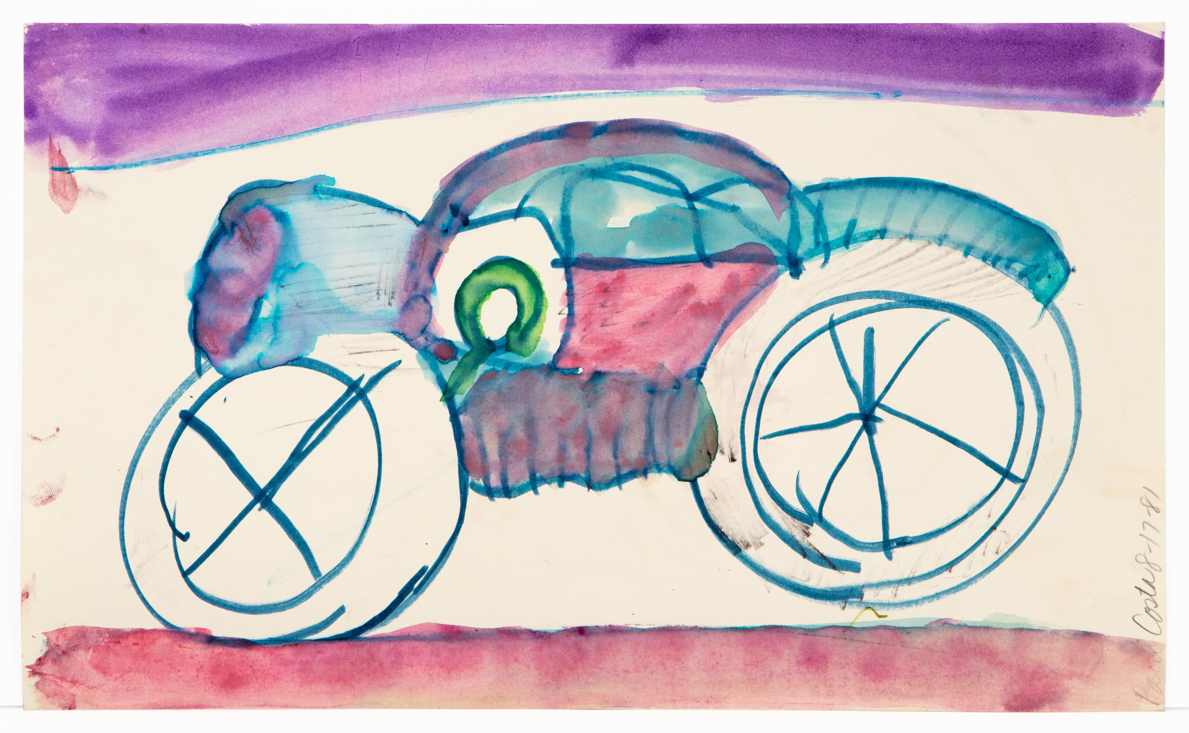 Watercolor painting of a colorful skull-like form with large circular wheels, in purple, pink, and teal