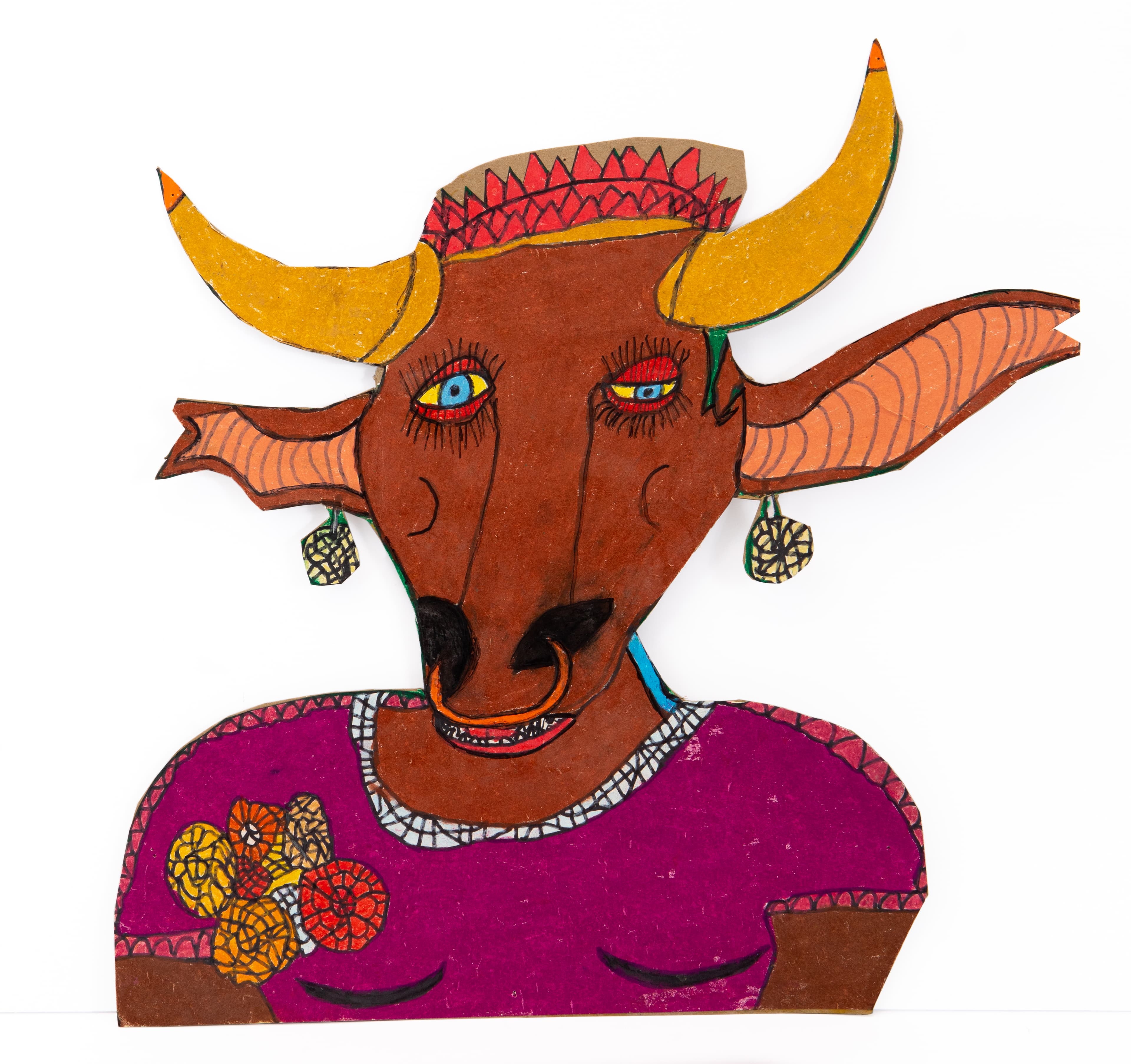 Drawing of a bull-headed figure with golden horns wearing a purple garment, mixed media on paper