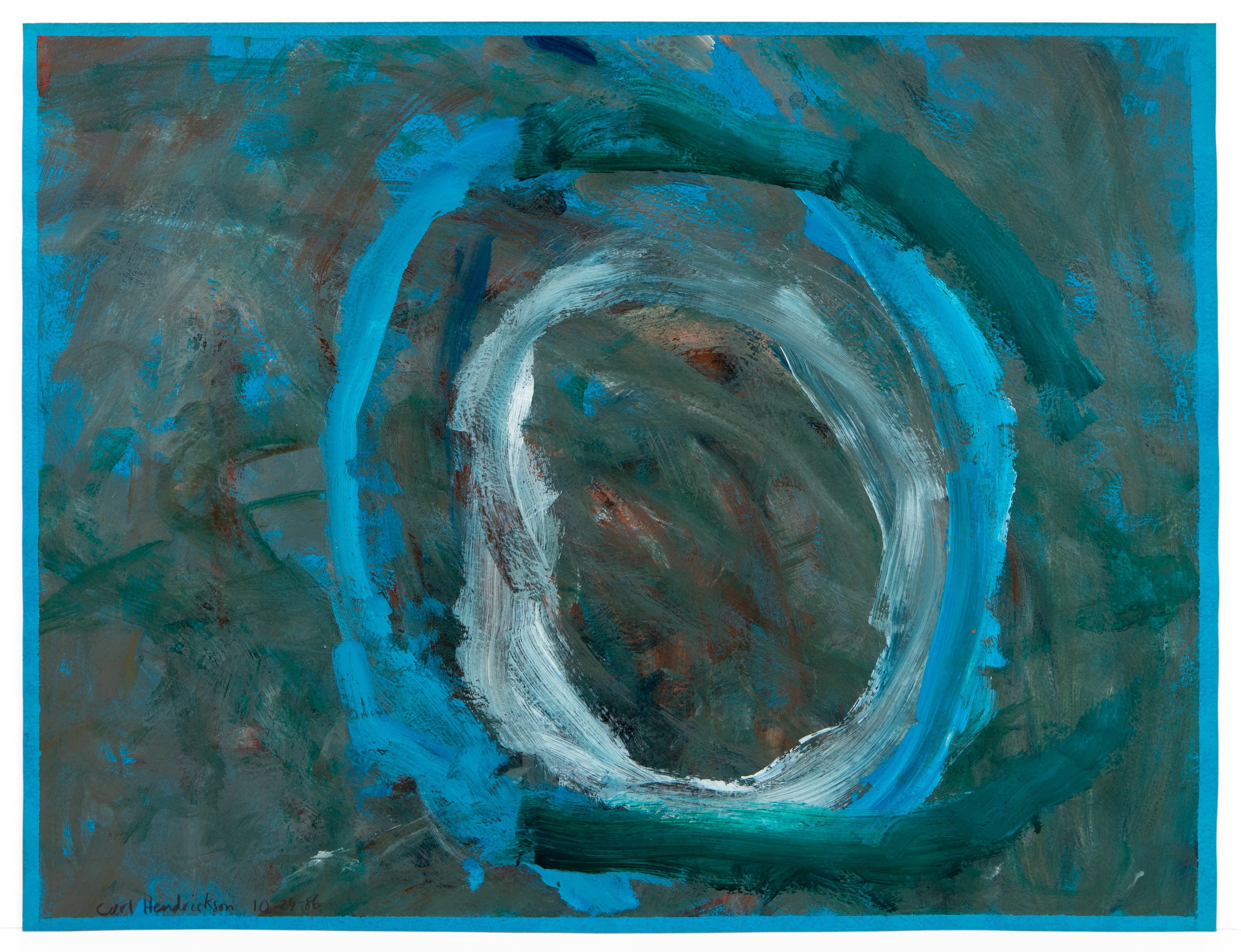 Abstract painting with circular motif in blue, gray, and white paint on canvas