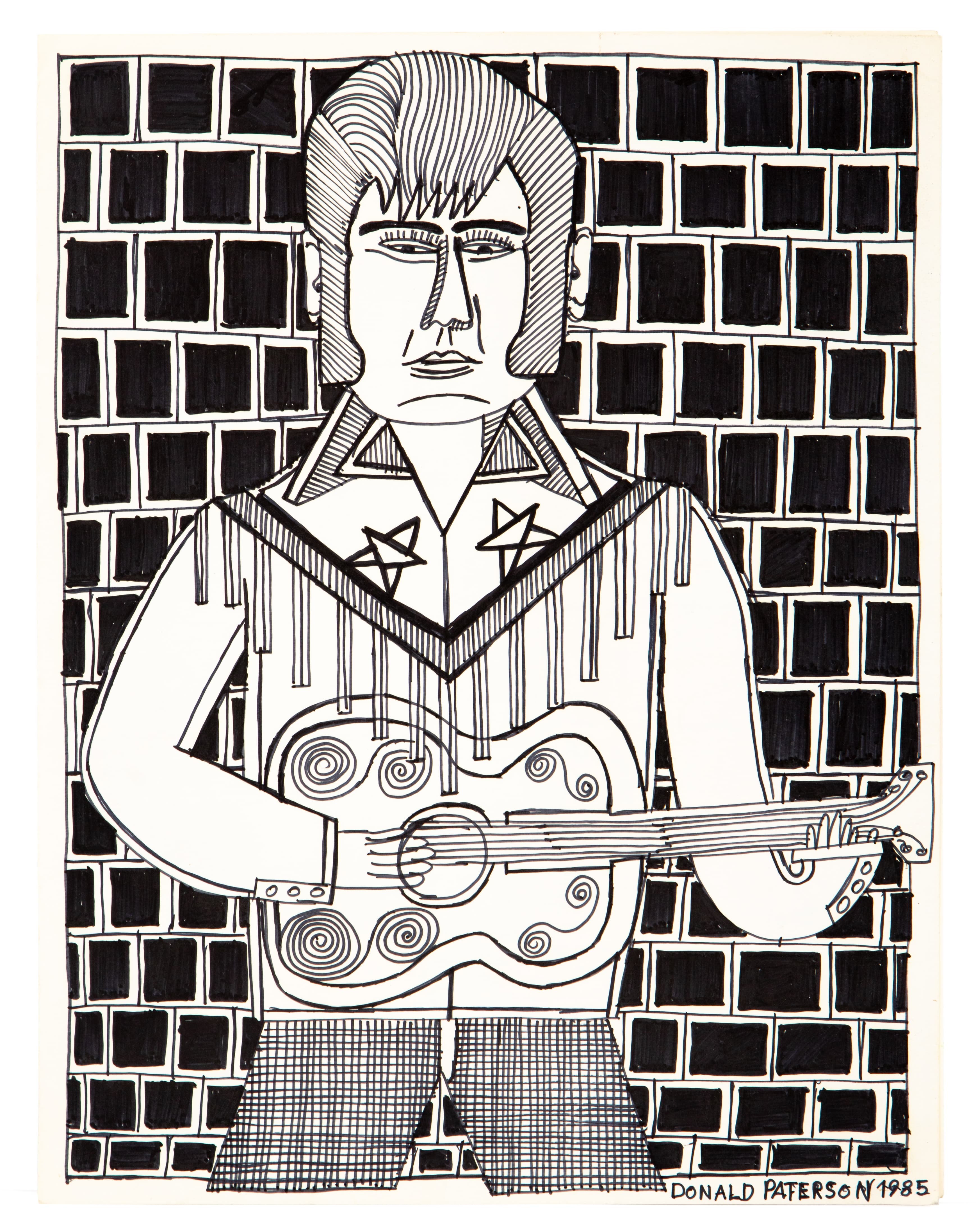 Black and white ink drawing of a figure in western shirt holding guitar against brick wall background