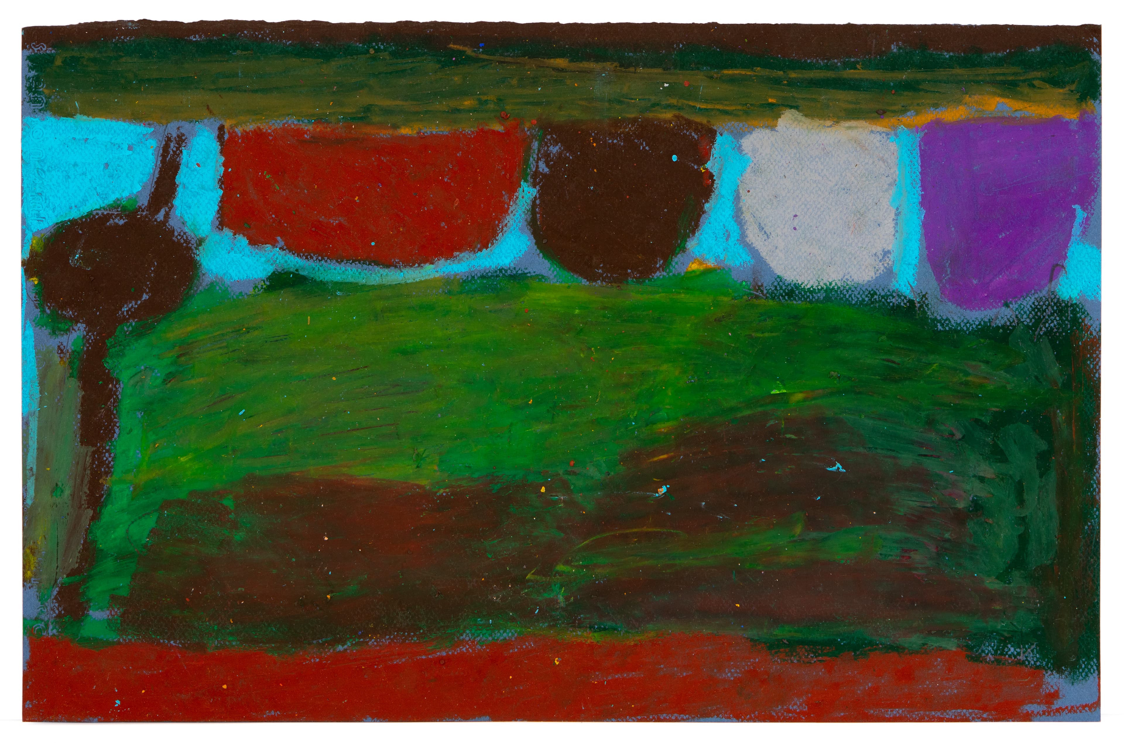 Abstract pastel drawing with bold color blocks in green, red, blue, purple, and brown on paper