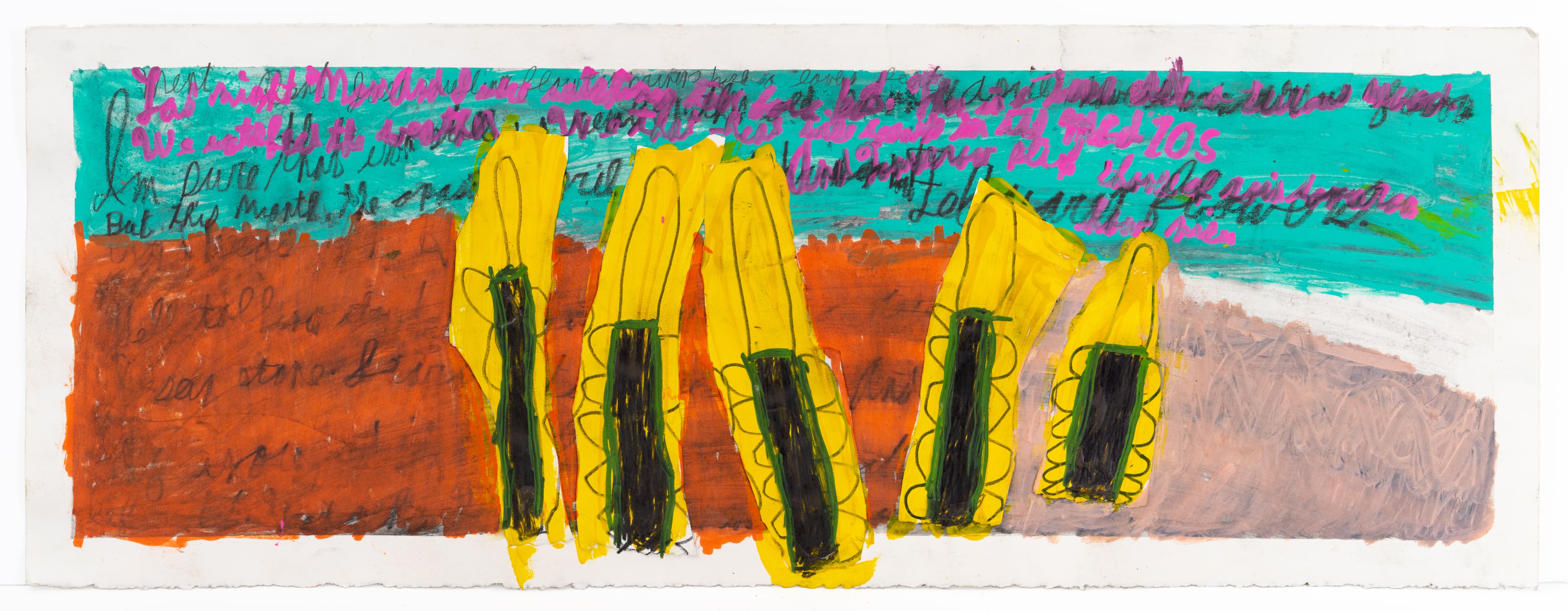 Mixed media drawing with five yellow pencil shapes on colorful background with handwritten text