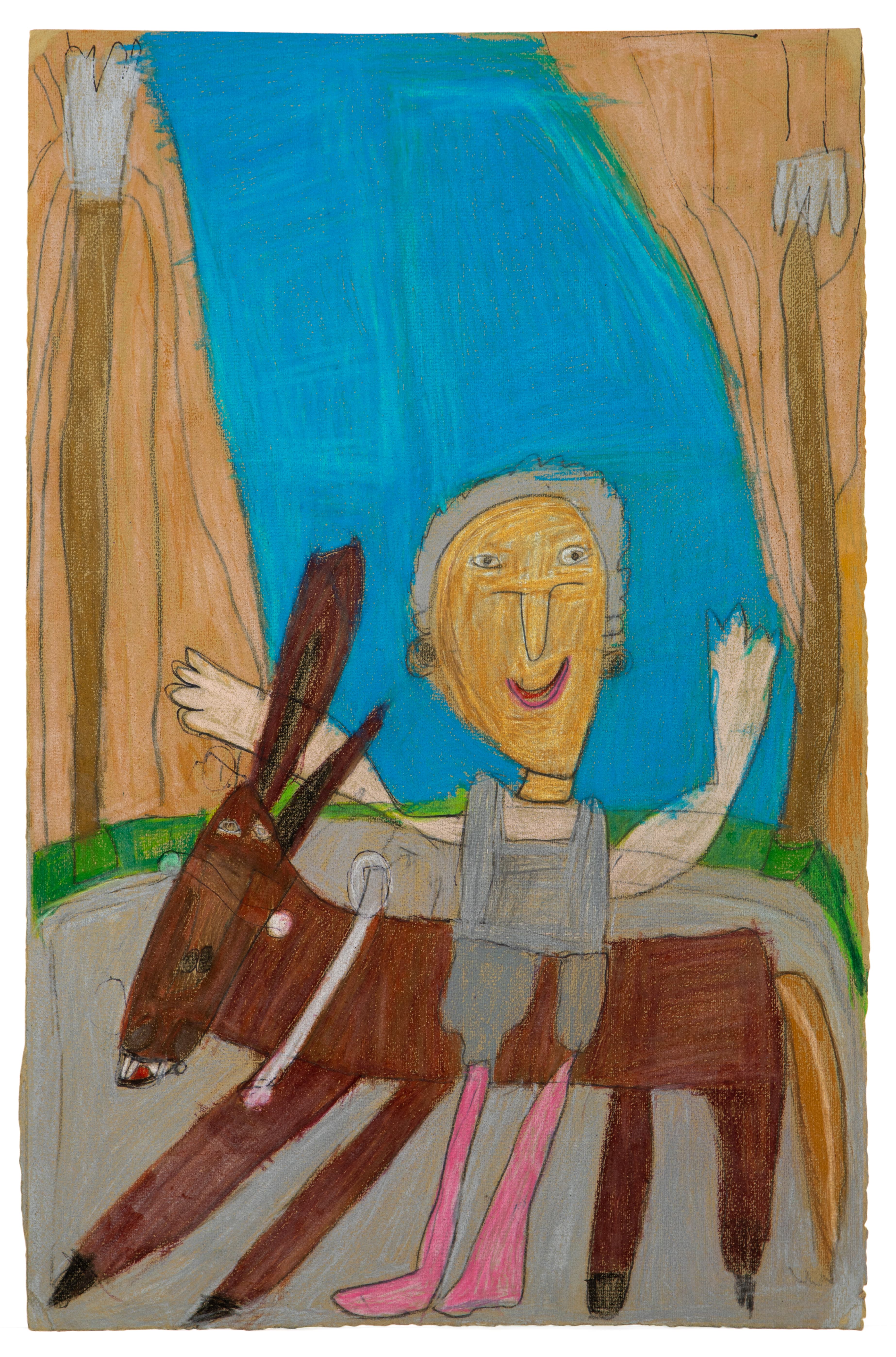 Drawing in colored pencil showing a figure with raised arms riding a brown horse, set against blue sky and brown trees
