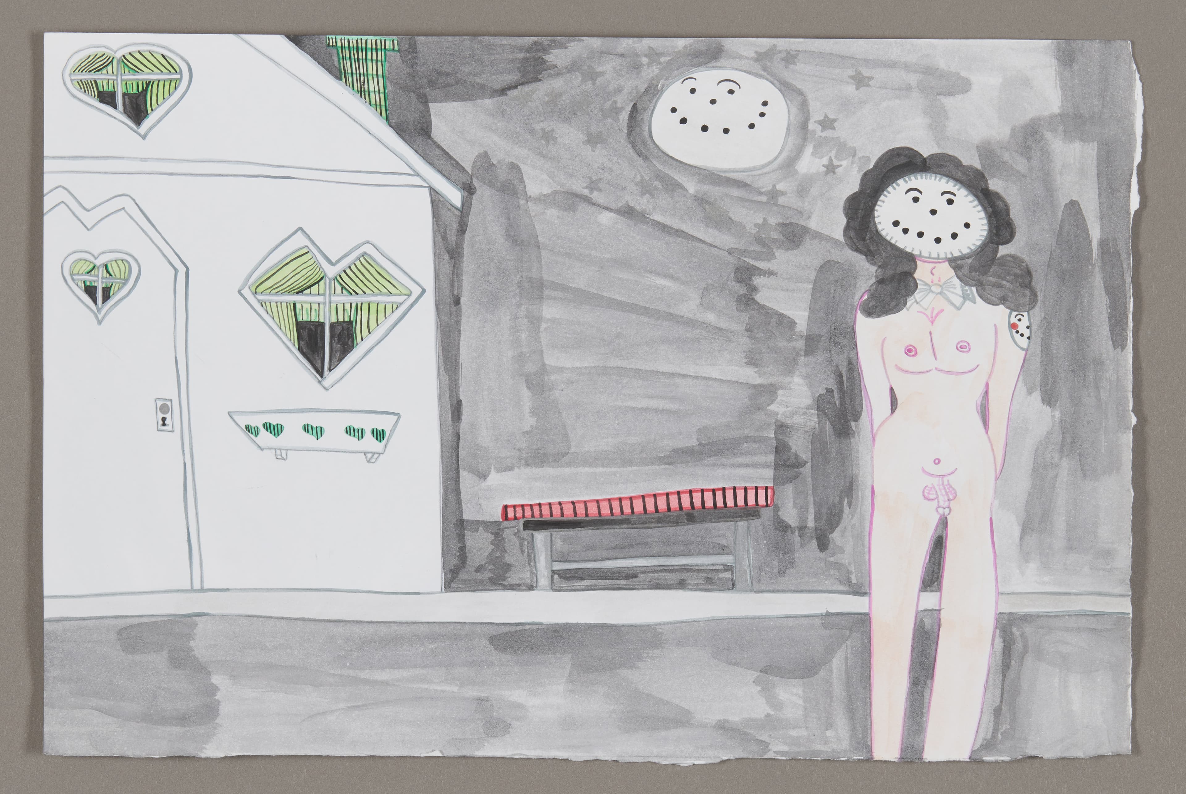 Drawing of nude figure with dark hair standing beside white house with diamond-shaped windows, mixed media on paper