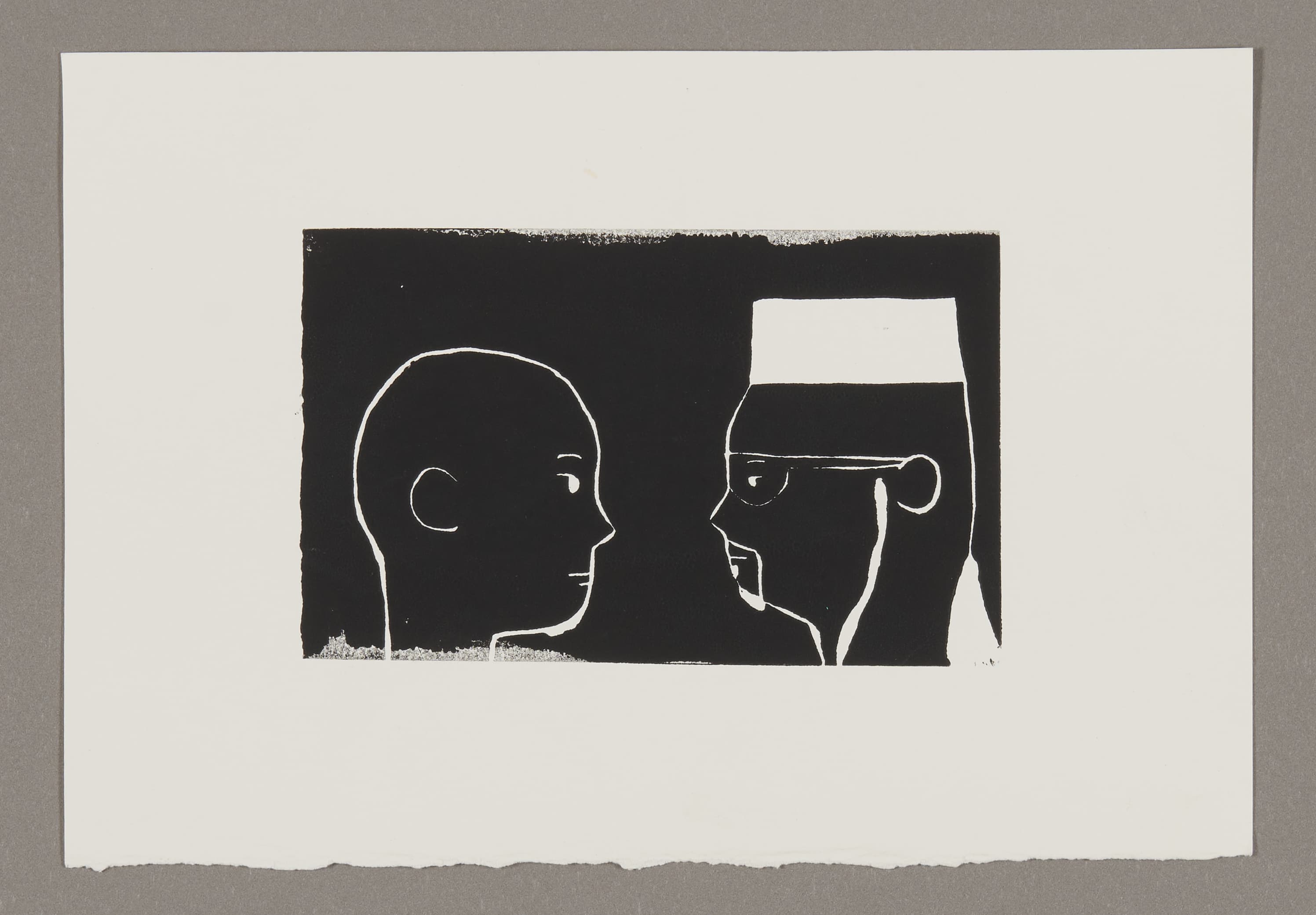 Black ink drawing on white paper showing two profile faces outlined in white against a dark rectangular background