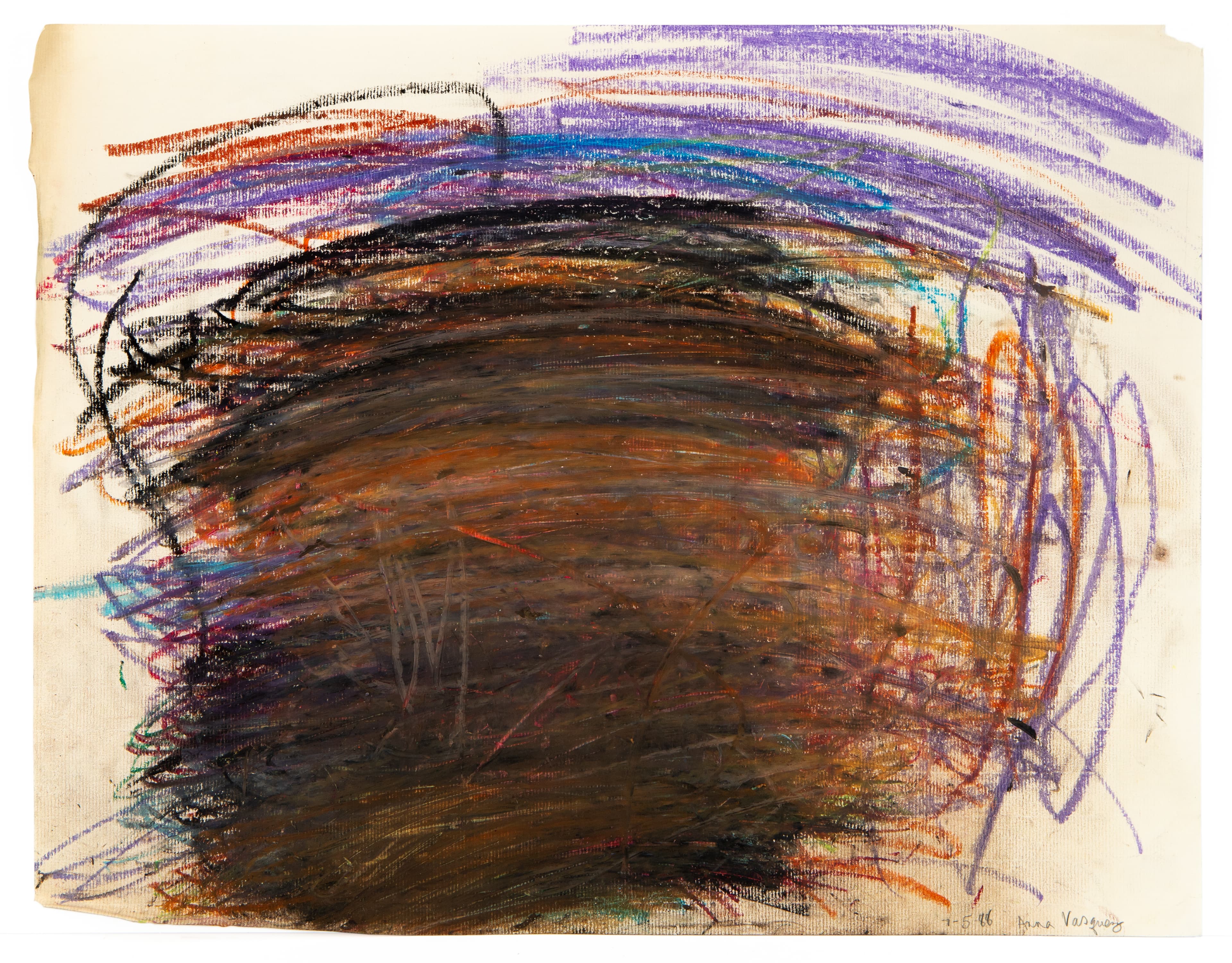 Abstract pastel drawing with dark brown central mass surrounded by purple, orange, and blue curved strokes on cream paper