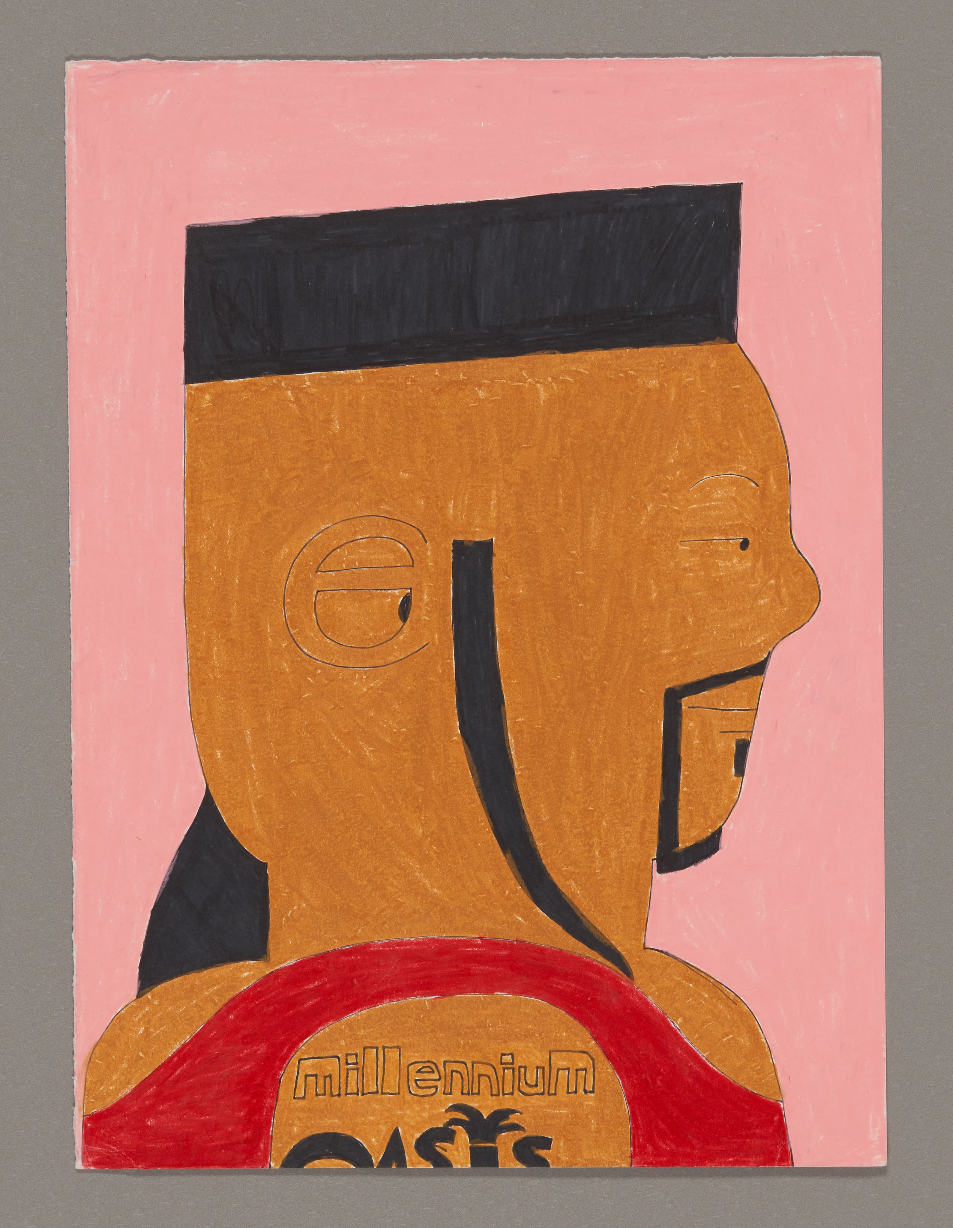 Profile portrait drawing of a figure with black hair and orange skin wearing red clothing, created with color stix and pencil