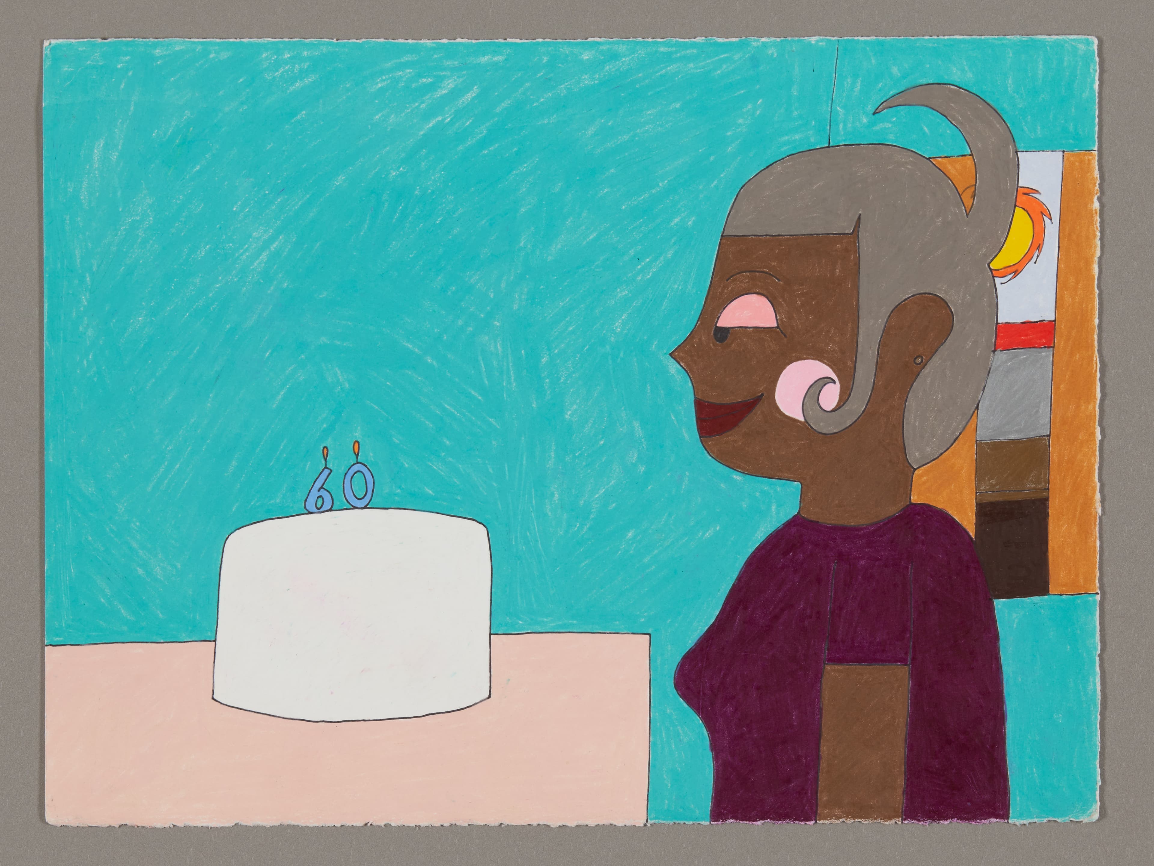 Drawing of a figure with gray hair and purple shirt standing next to a white birthday cake with candles, colored pencil on paper