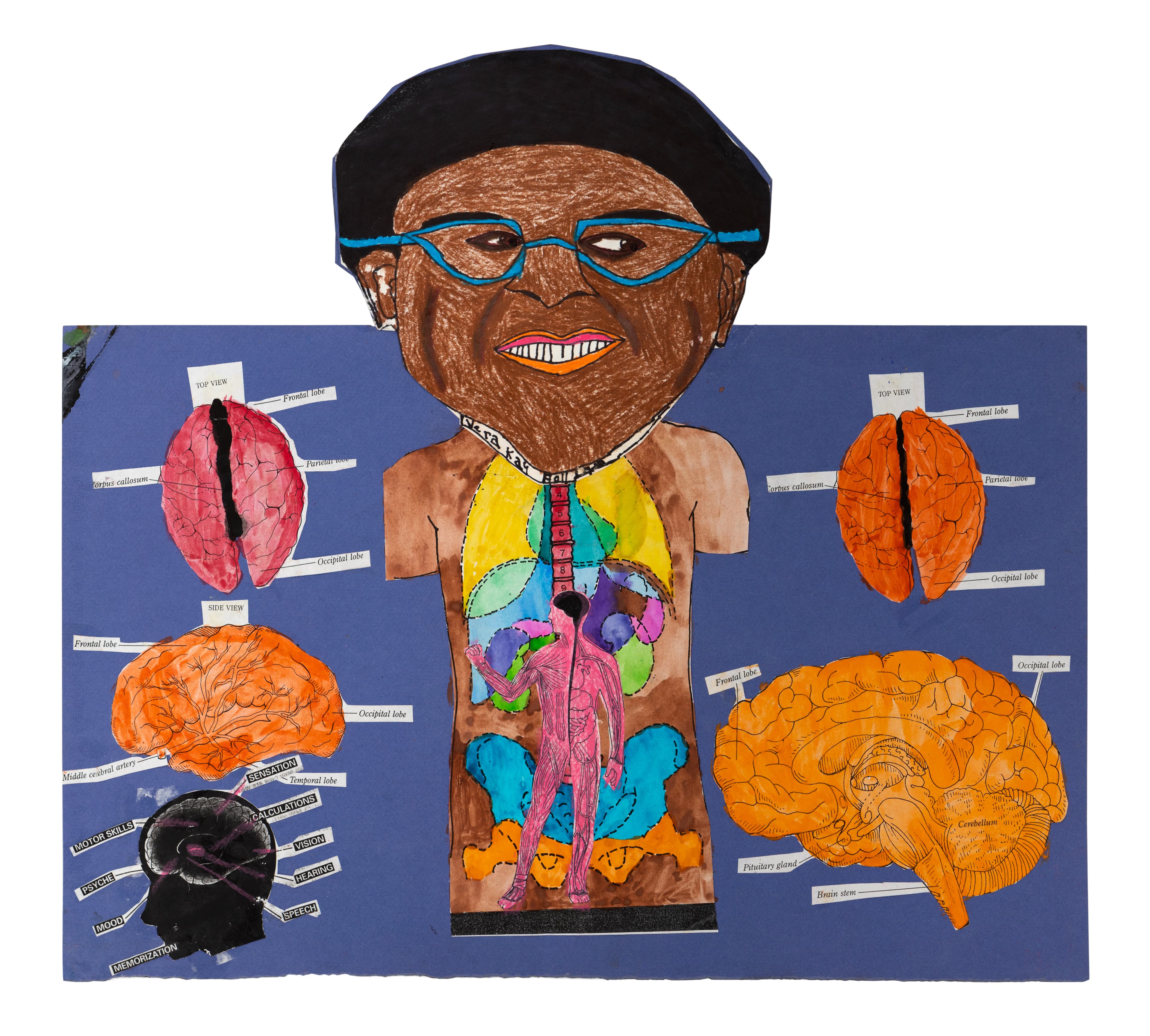 Mixed media collage depicting a figure with anatomical elements and brain diagrams on blue background
