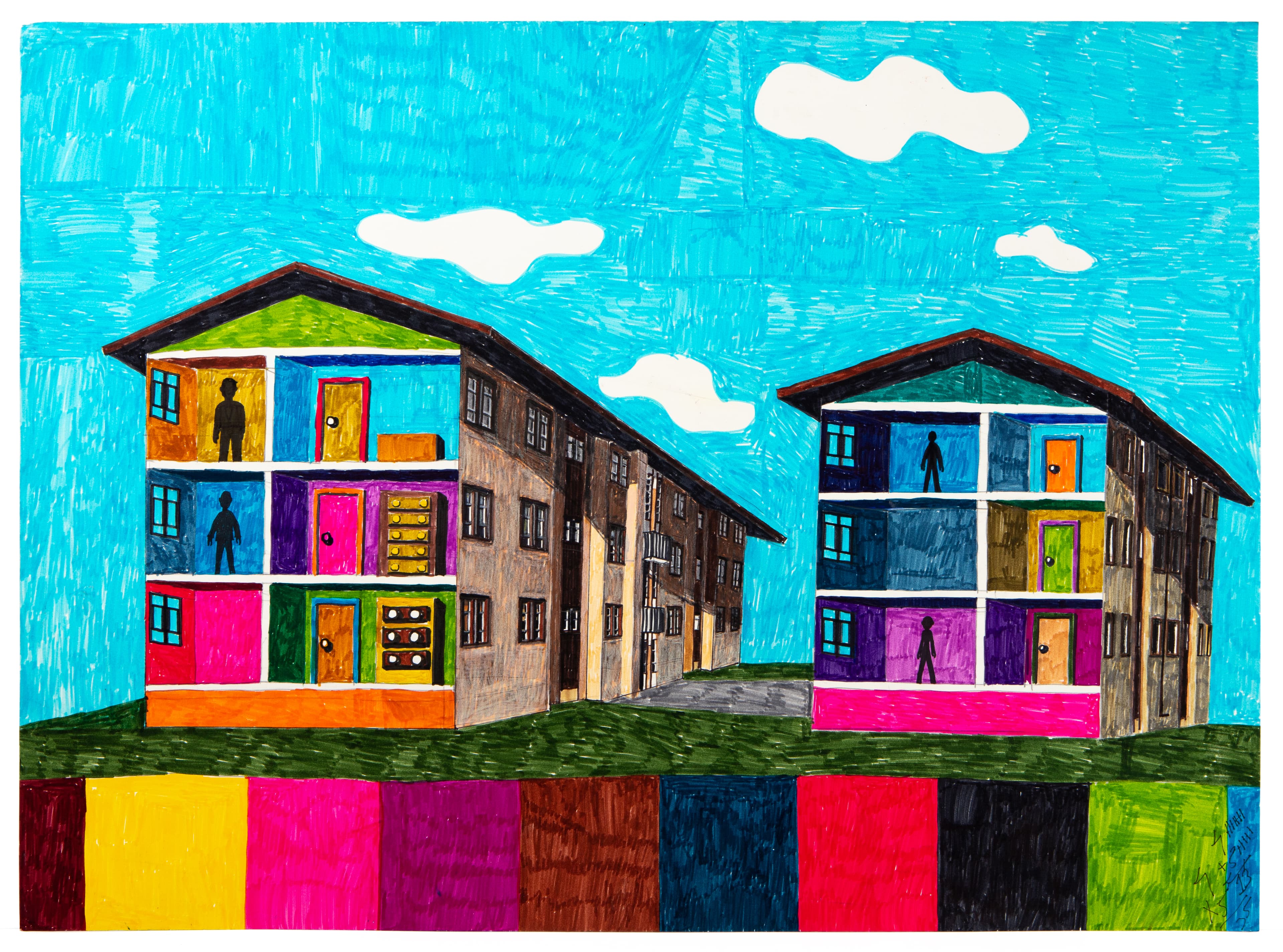 Mixed media drawing of colorful apartment buildings with cross-section views showing interior rooms and figures
