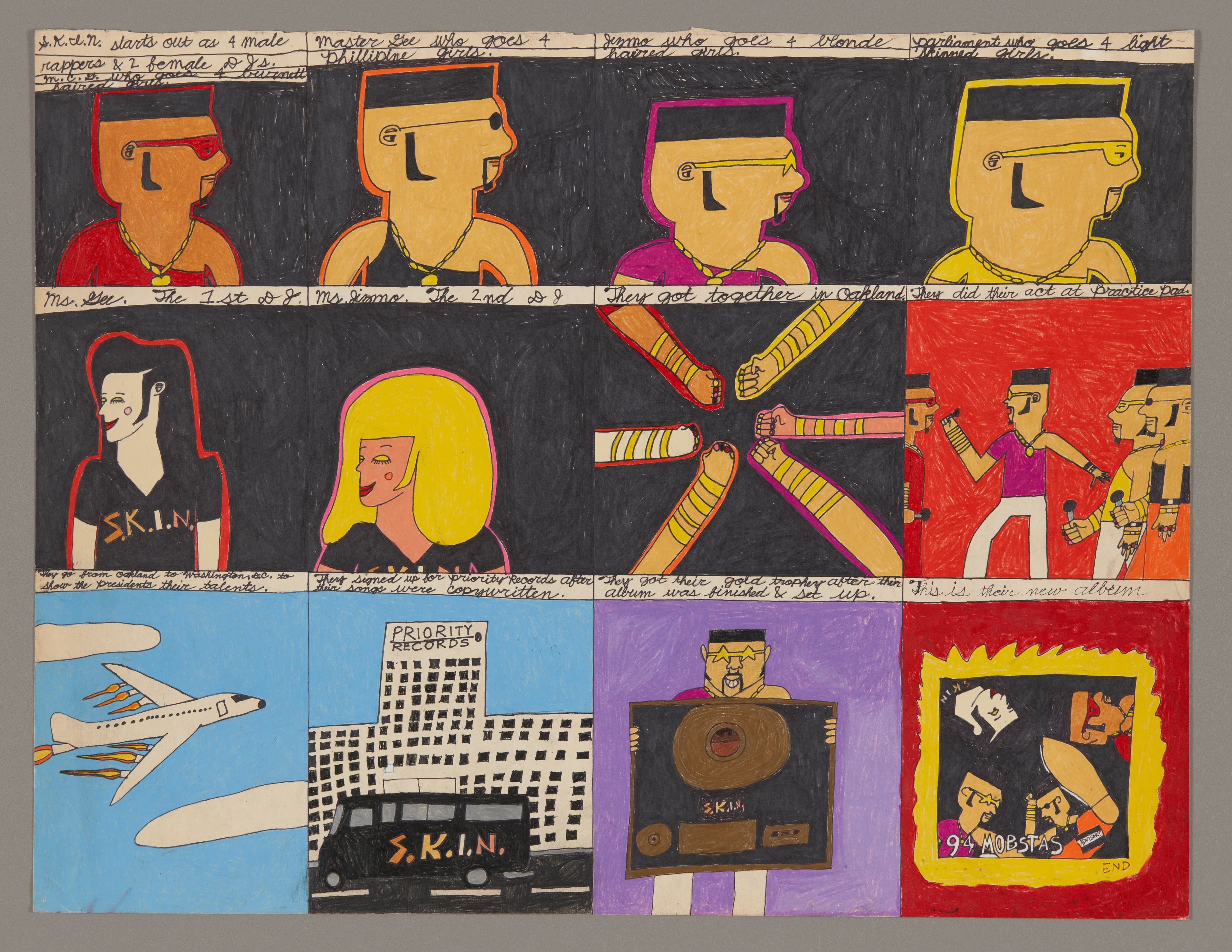 Comic-style drawing with colorful panels showing profile figures, vehicles, and buildings in mixed media on paper