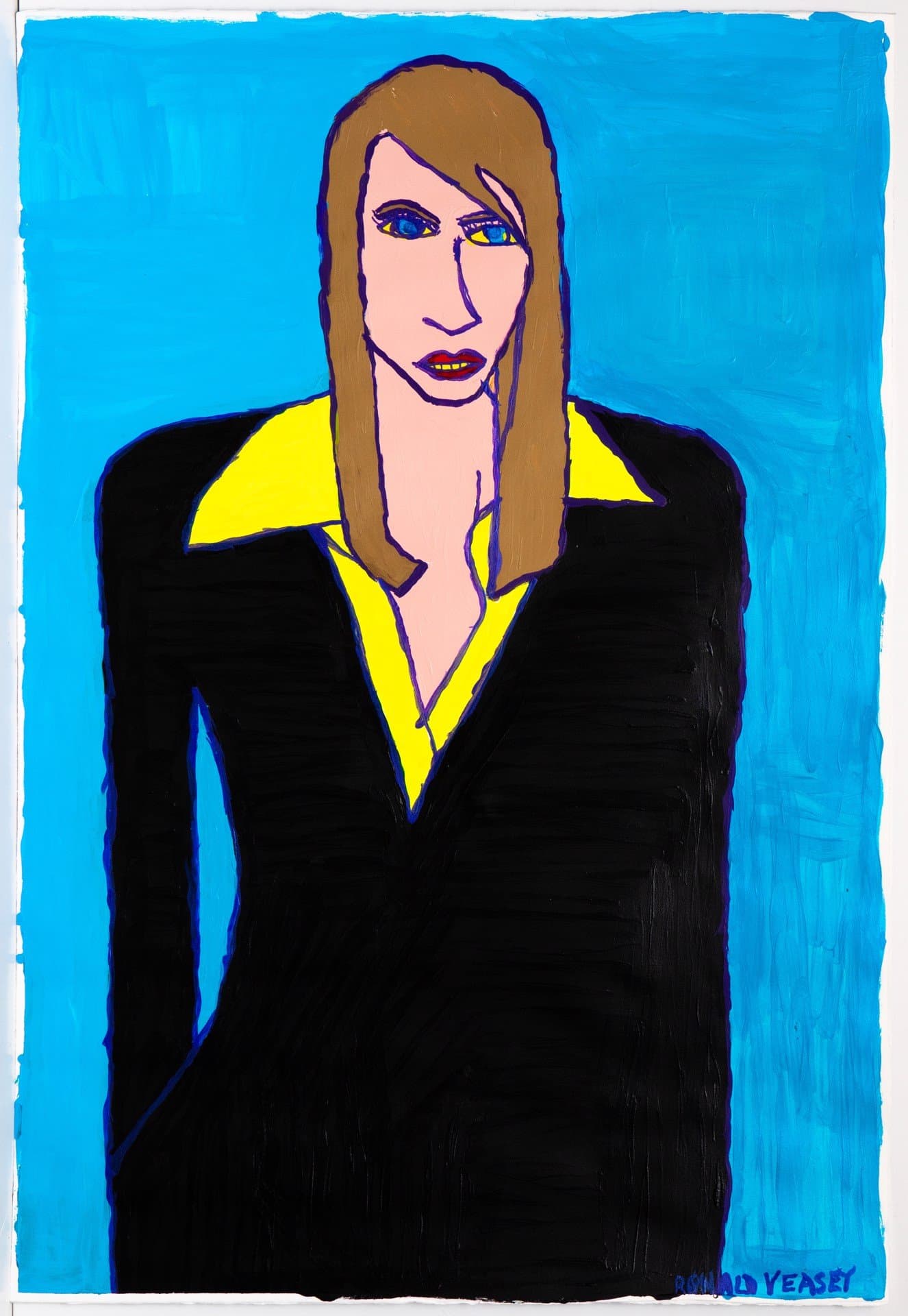 Portrait painting in acrylic showing a figure with long brown hair wearing a black suit with yellow shirt on blue background.