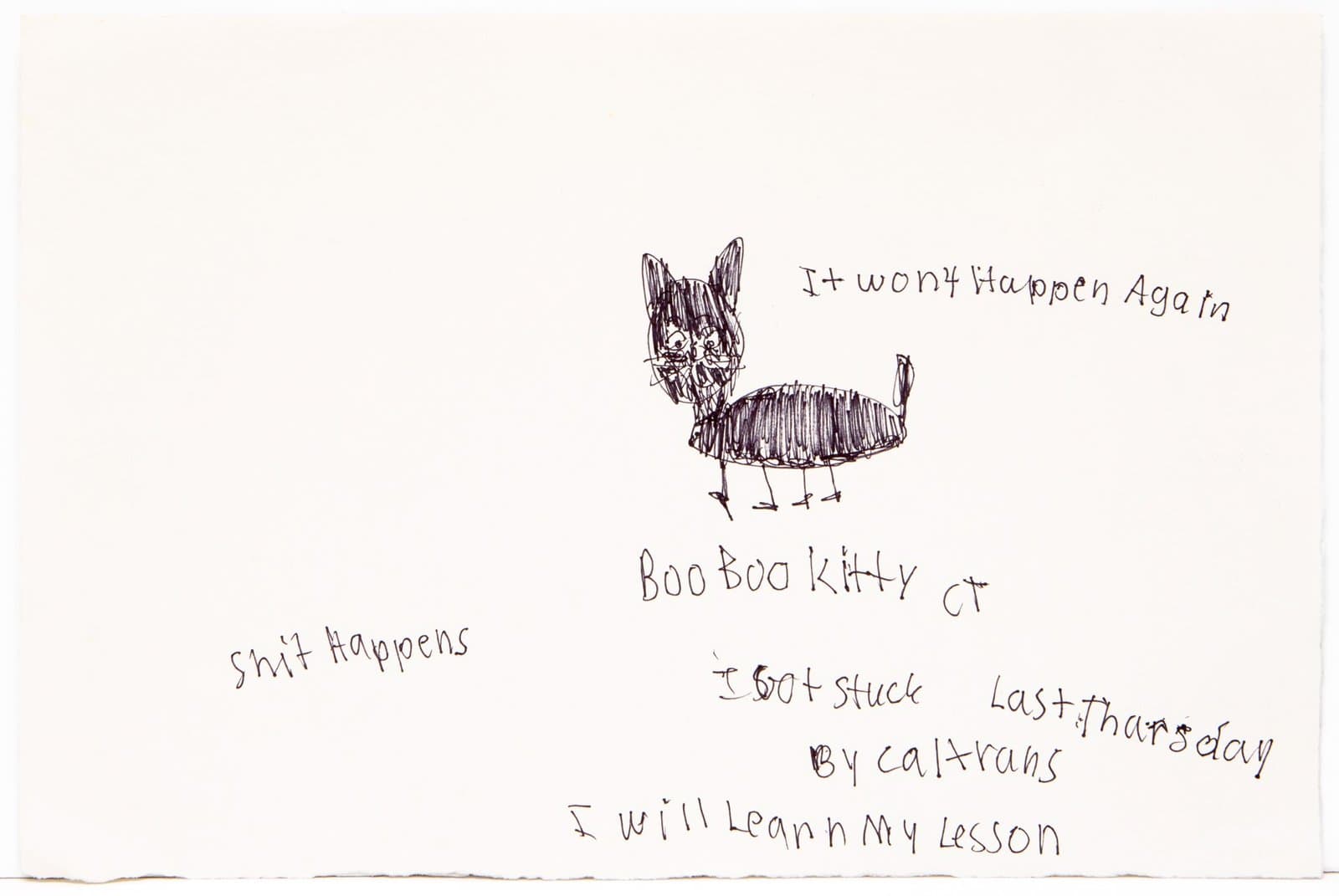 Ink drawing of a cat-like figure with handwritten text scattered around it on white paper.