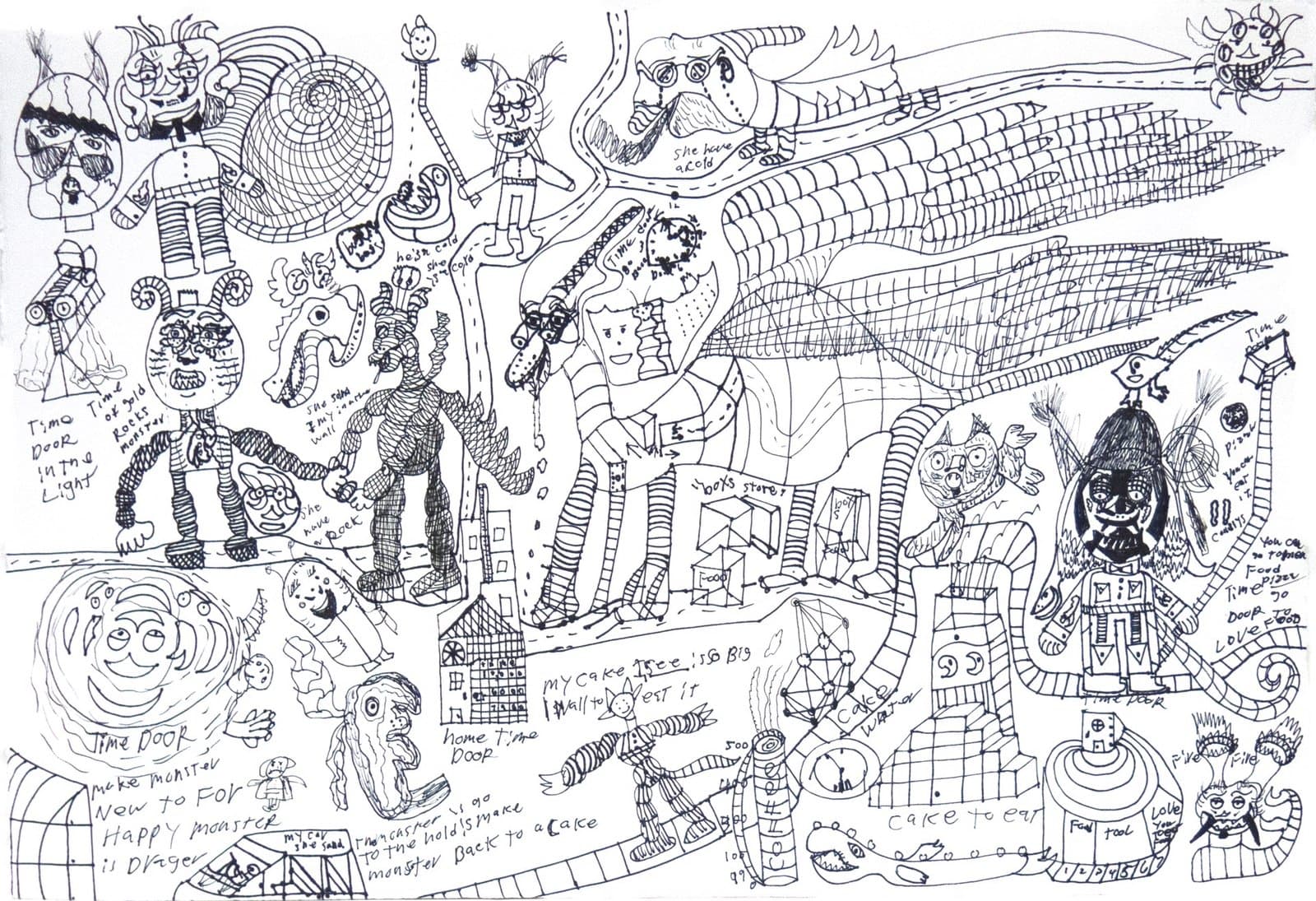 Ink drawing on paper featuring densely packed cartoon-like figures, monsters, and handwritten text in black line work