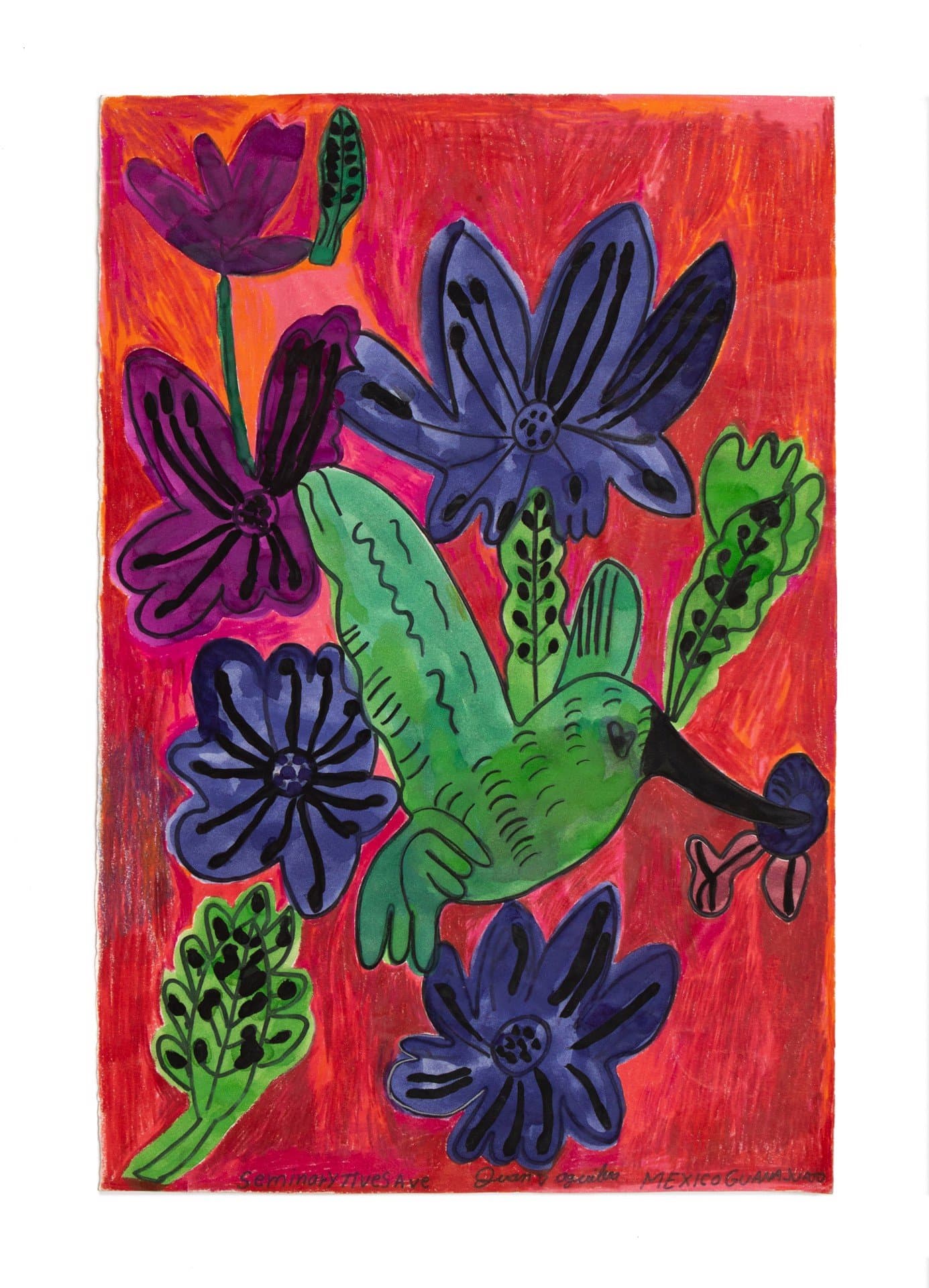Watercolor and ink drawing of a green hummingbird surrounded by purple and blue flowers on vibrant red background.