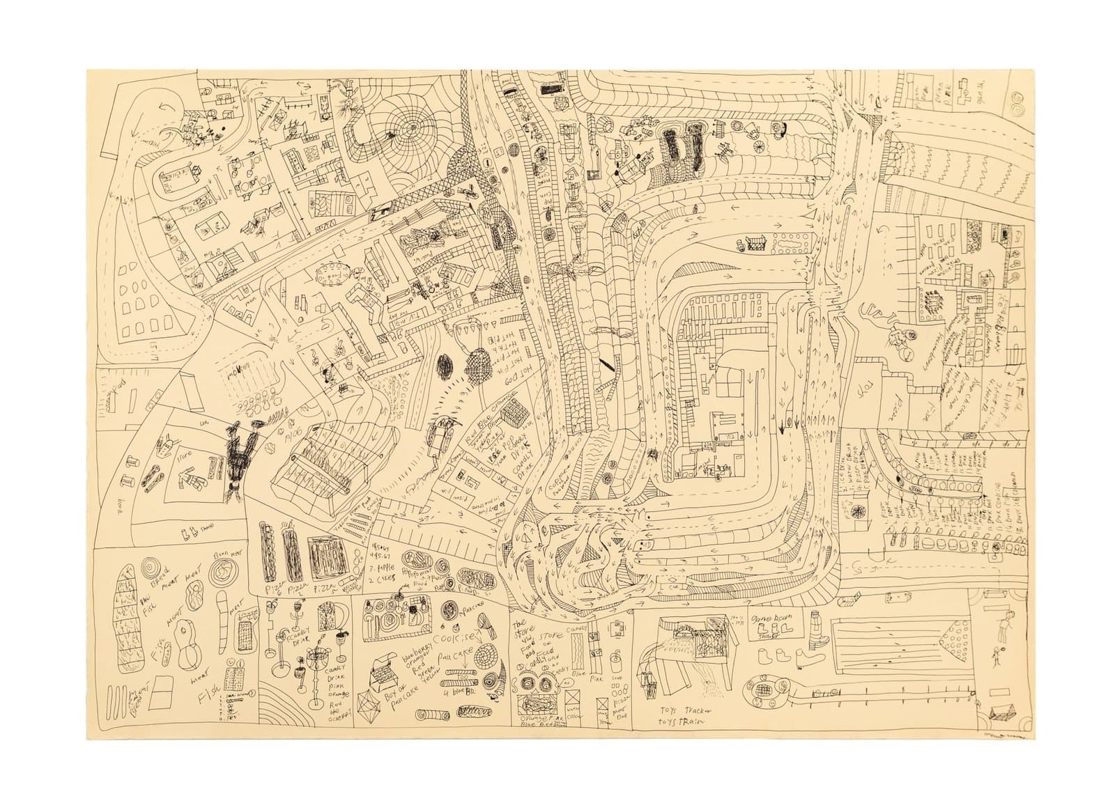 Detailed ink drawing on cream paper showing an intricate bird's-eye view map of an imaginary urban landscape