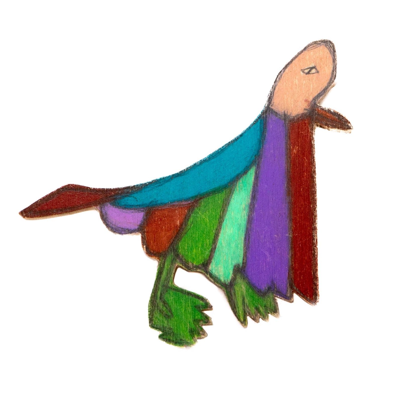 Oil pastel drawing of a figure with outstretched wings in vibrant blues, purples, greens, and reds on wood.