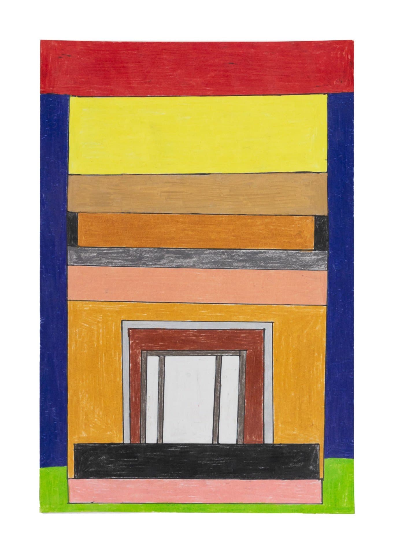 Abstract geometric drawing with stacked colored rectangles and central doorway-like form, colored pencil on paper